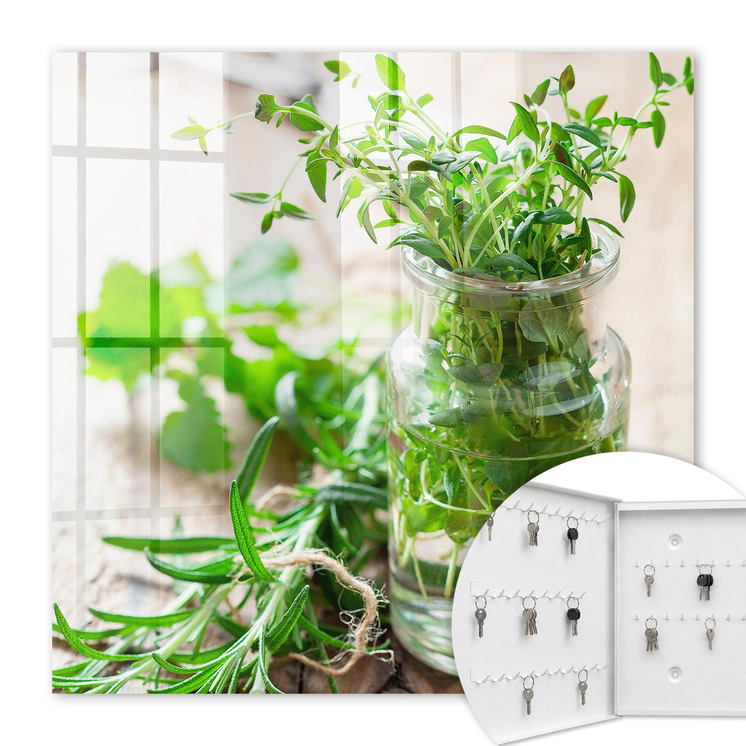 Armoire À Clés - (30 Cm X 30 Cm) - Boîte À Clés Murale - Coffret De Rangement Pour Clés - Couleur Blanche - Ouverture Vers La Gauche - Pour Maison Et Bureau - Herbes Vertes