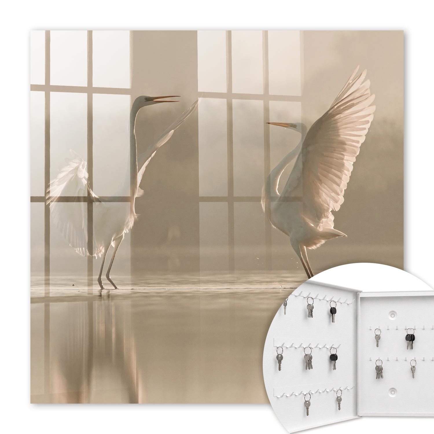 Armoire À Clés - (30 Cm X 30 Cm) - Boîte À Clés Murale - Coffret De Rangement Pour Clés - Couleur Blanche - Ouverture Vers La Gauche - Pour Maison Et Bureau - Danse Des Oiseaux