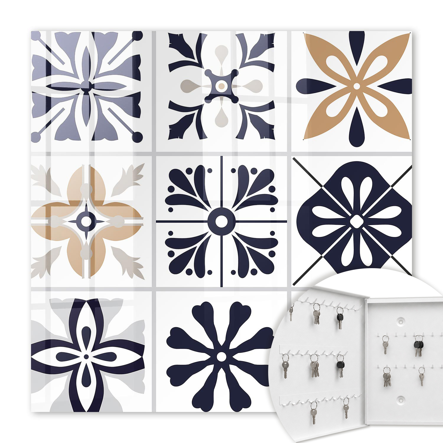 Armoire À Clés - (30 Cm X 30 Cm) - Boîte À Clés Murale - Coffret De Rangement Pour Clés - Couleur Blanche - Ouverture Vers La Gauche - Pour Maison Et Bureau - Motifs Géométriques