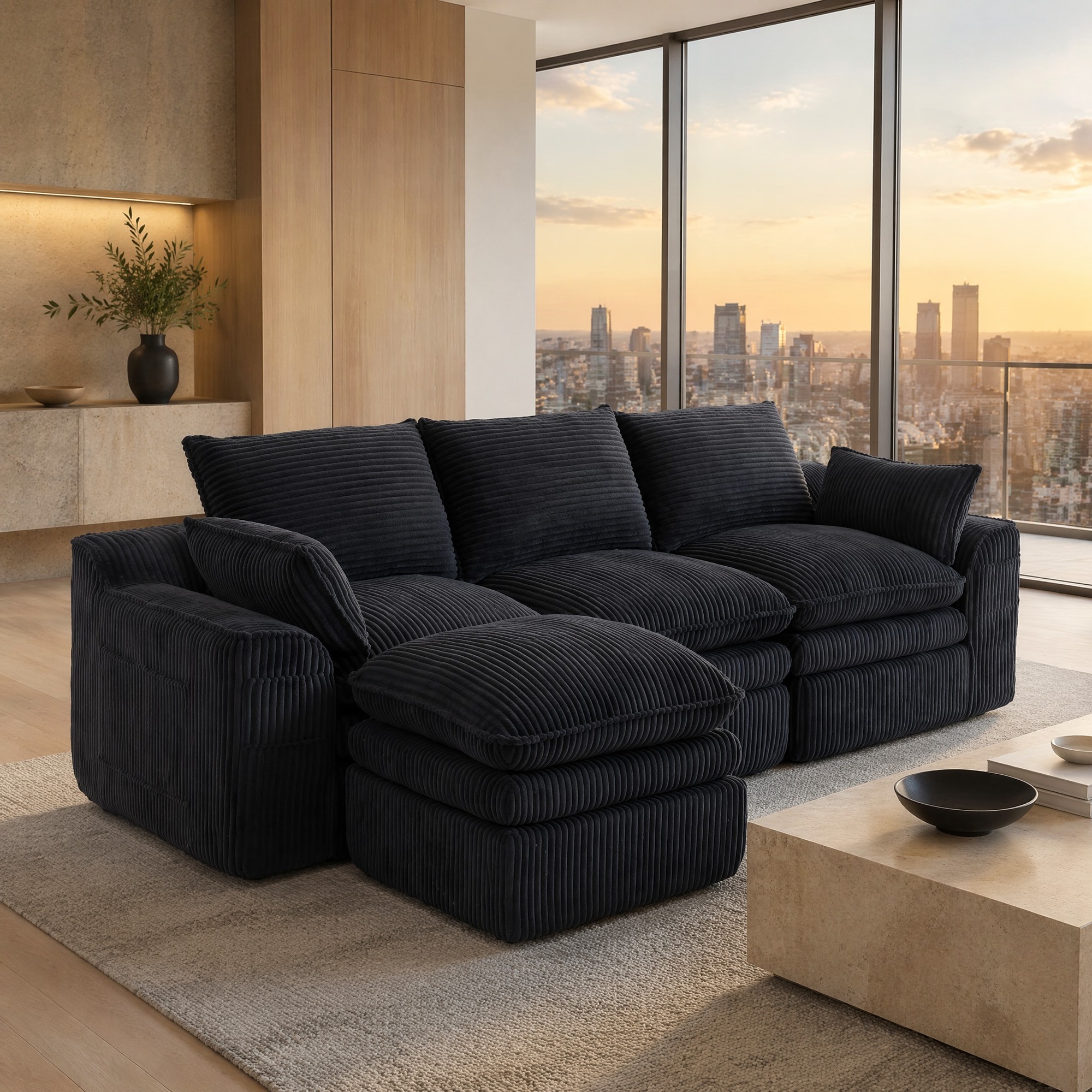 Canapé Modulable 3 Places En Velours Côtelé Noir Avec Pouf, Coussins Et Poches Latérales
