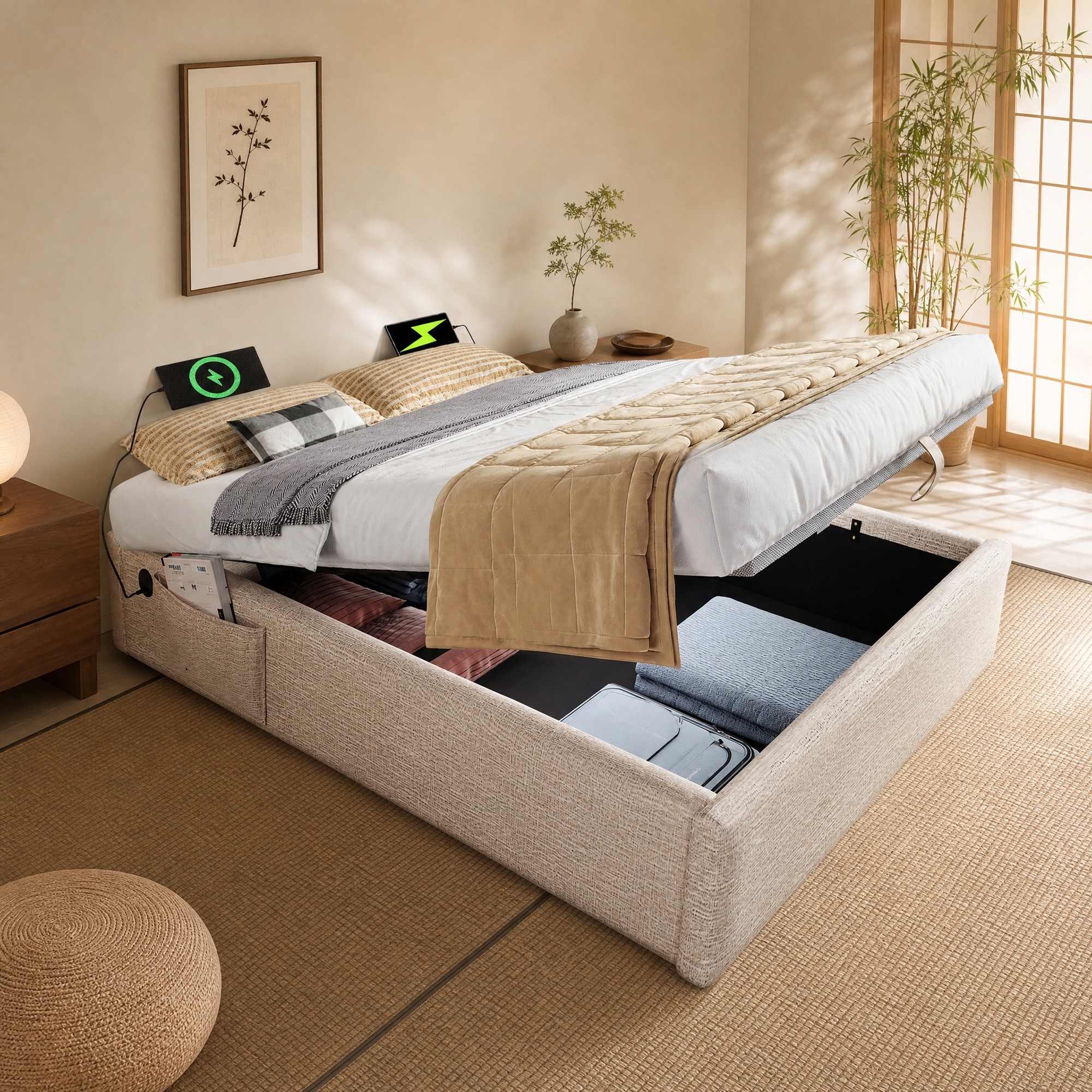 Lit Double Coffre 160x200 Cm Avec Usb-c, Sommier Plein, Sans Tête, Lin Naturel Redom