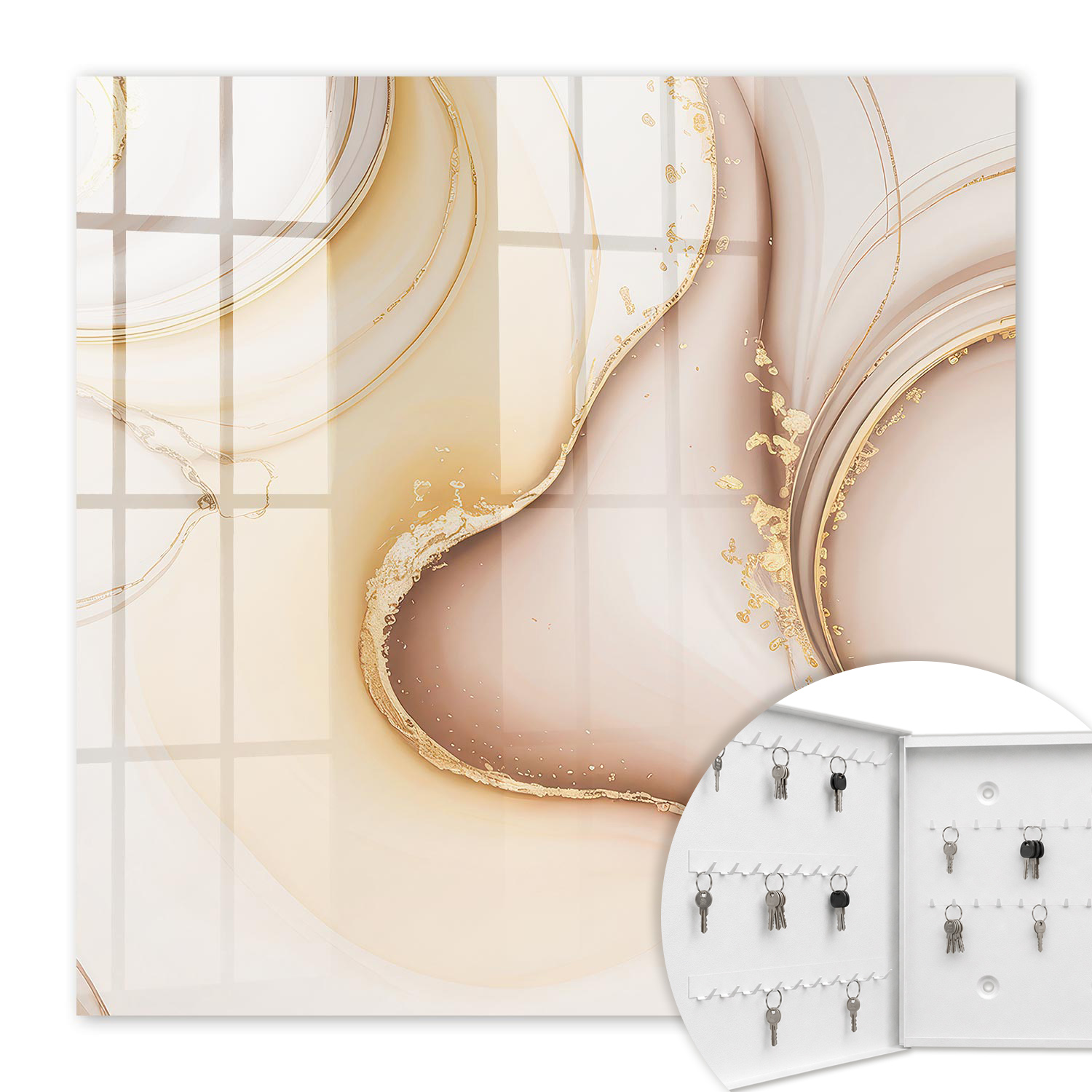 Armoire À Clés - (30 Cm X 30 Cm) - Boîte À Clés Murale - Coffret De Rangement Pour Clés - Couleur Blanche - Ouverture Vers La Gauche - Pour Maison Et Bureau - Ondulations Beiges