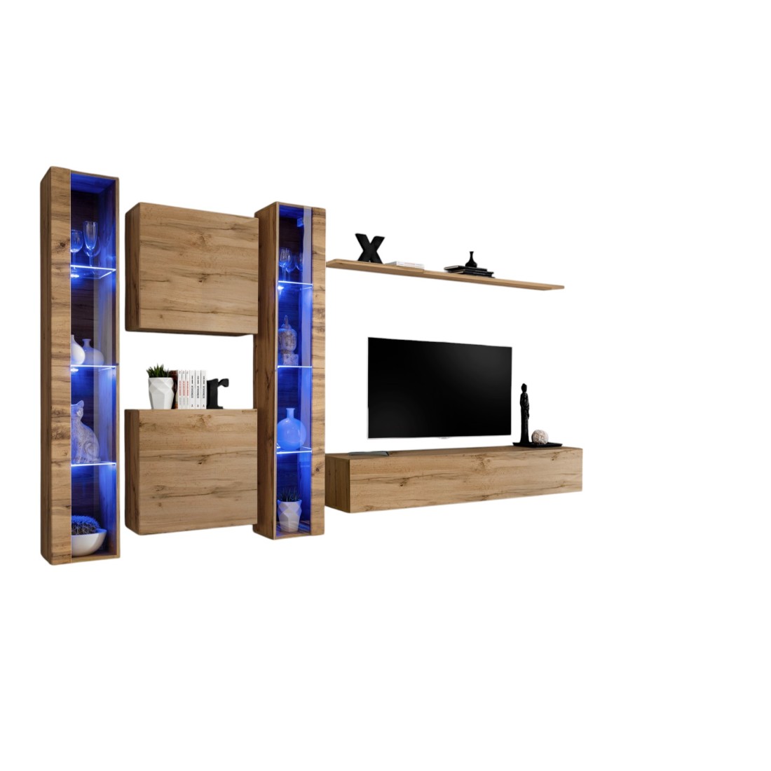 Composition Murale Switch Xvi - Meuble Tv, Vitrines Led, Cubes Et Étagère - Chêne Wot