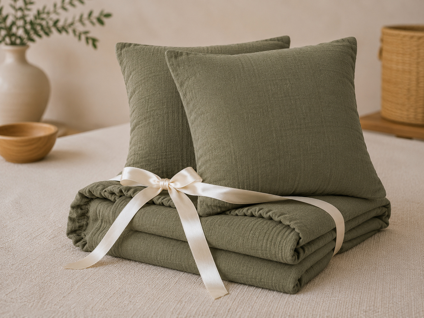 Pack Drap Housse 140 X 190 Cm + 2 Taies D'oreiller 60 X 60 Cm Double Gaze De Coton Gaïa Romarin