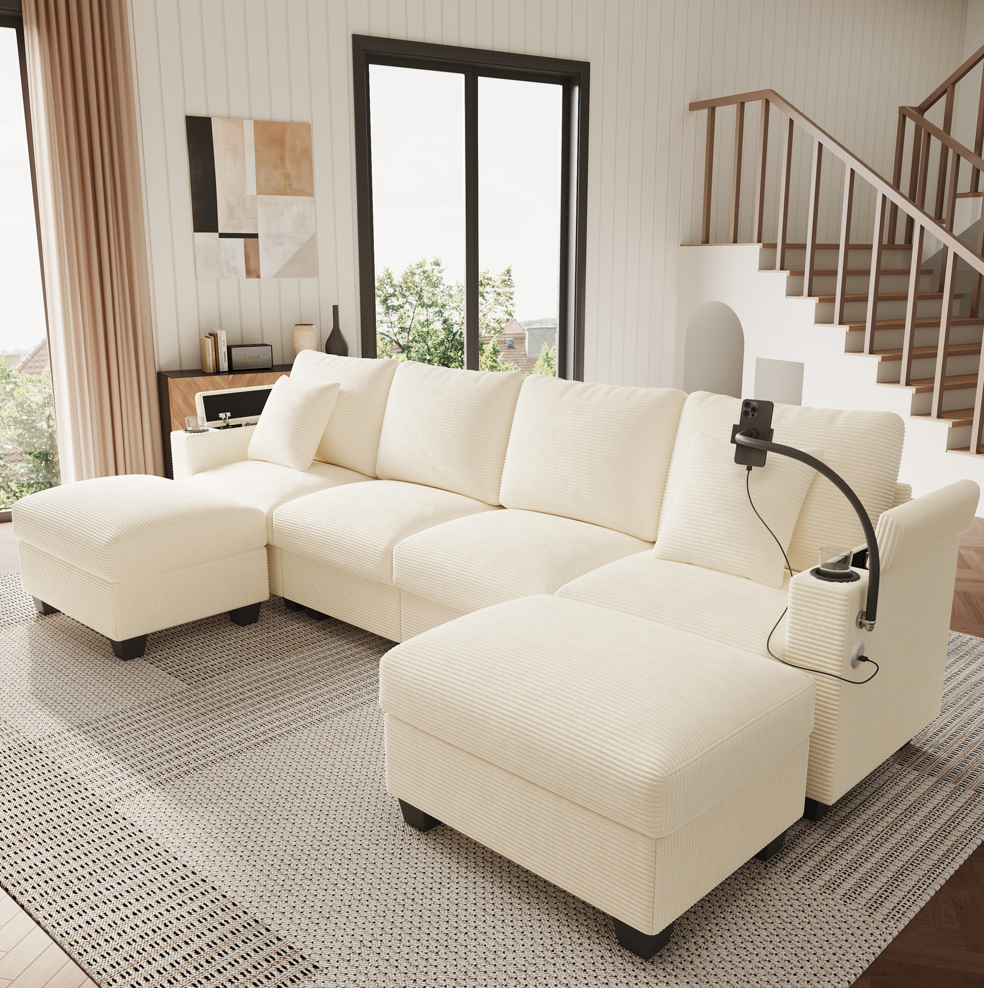 Redom - Canapé D'Angle Modulaire Convertible, Support Téléphone Rotatif, Usb Et Usb C, Velours Côtelé Beige