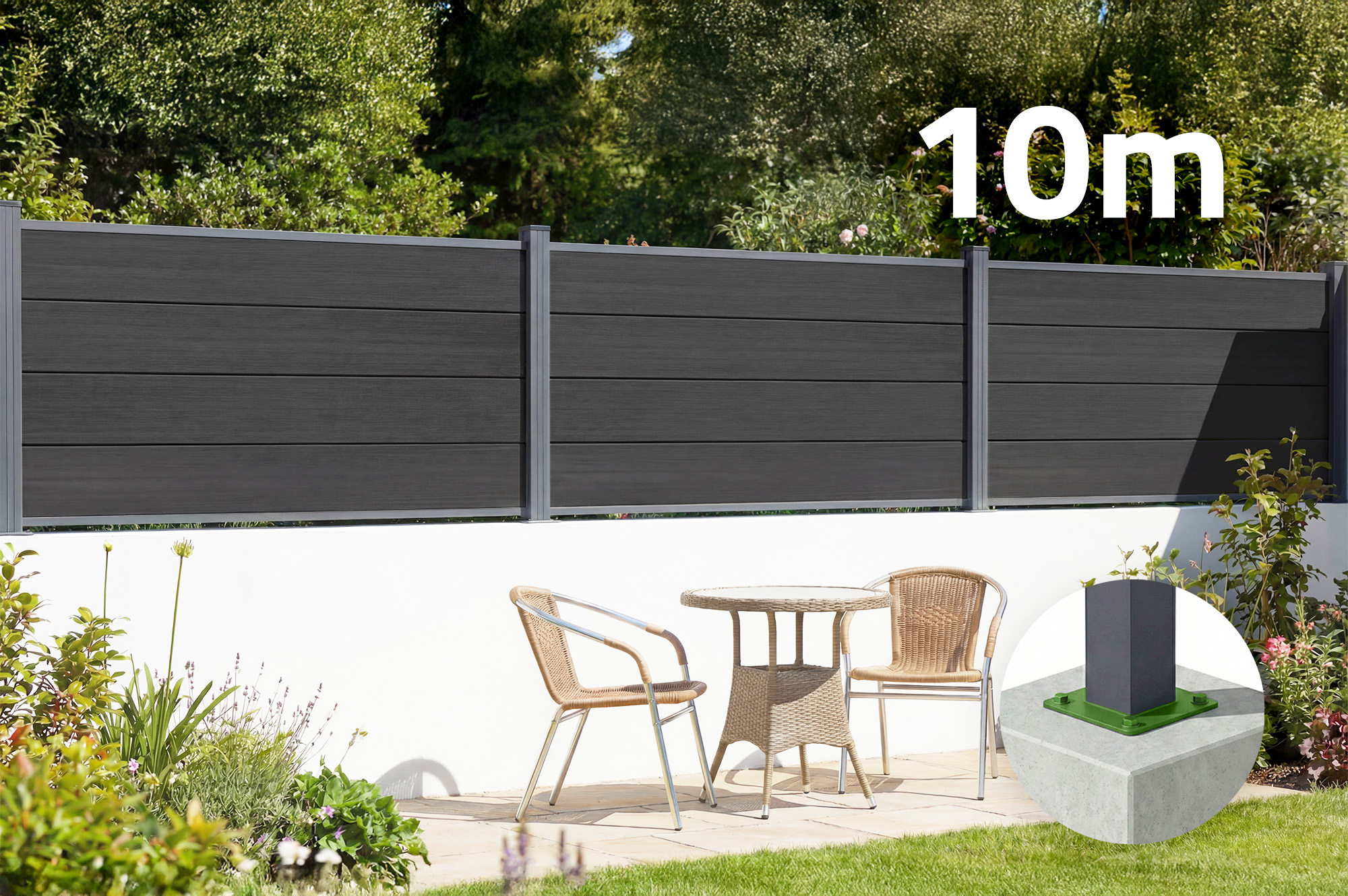 Clôture Bois Composite 10m Stockhorn H.90cm Sur Platine Gris