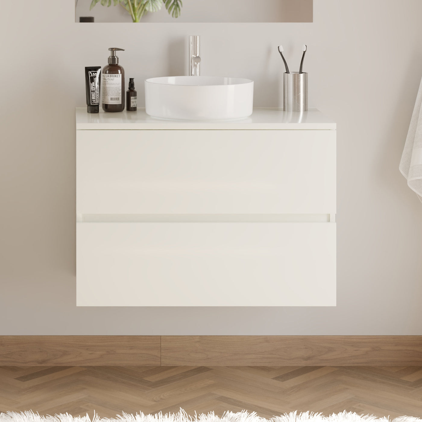 Meuble De Salle De Bain 80cm Avec Plateau Et Vasque À Poser Ronde - 2 Tiroirs - Sans Miroir - Blanc Brillant - Ida