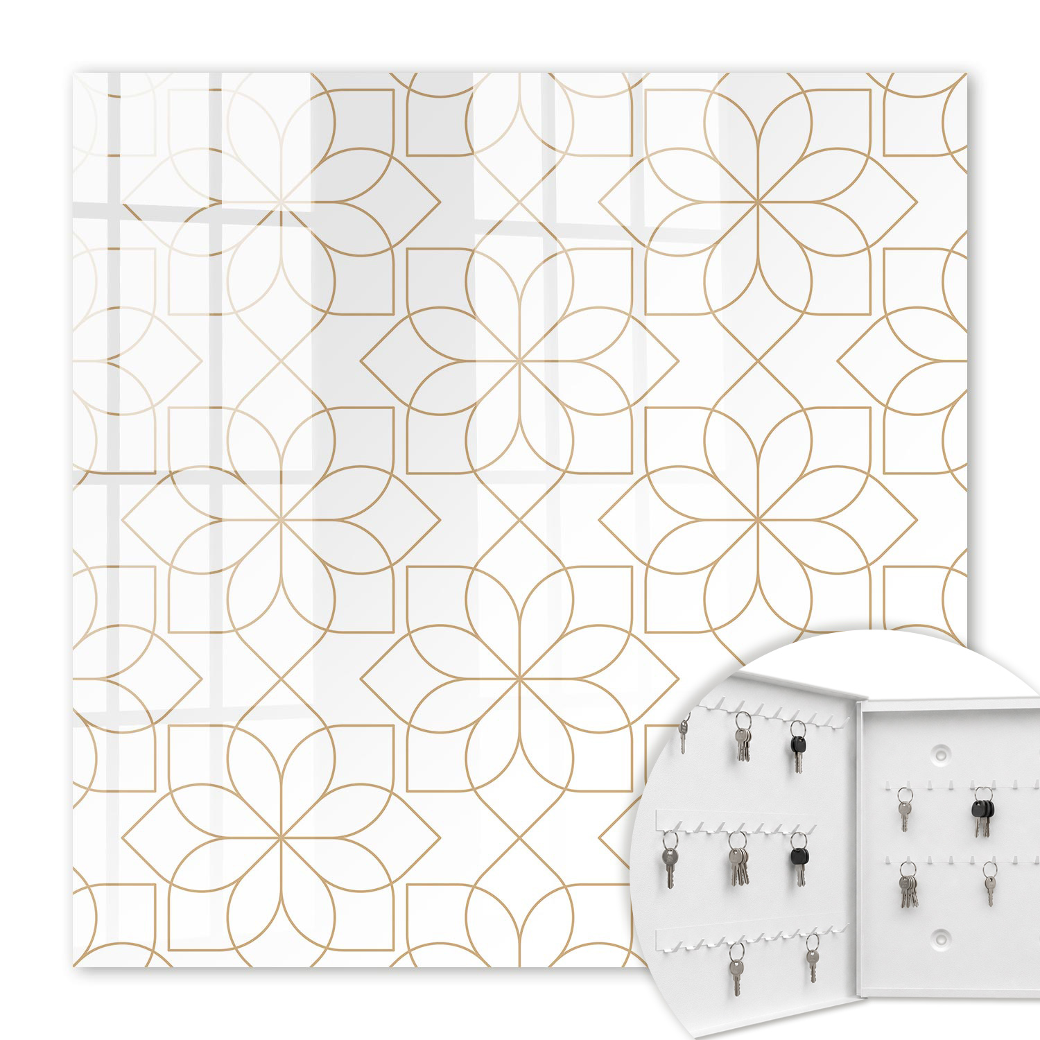 Armoire À Clés - (30 Cm X 30 Cm) - Boîte À Clés Murale - Coffret De Rangement Pour Clés - Couleur Blanche - Ouverture Vers La Gauche - Pour Maison Et Bureau - Motif Floral