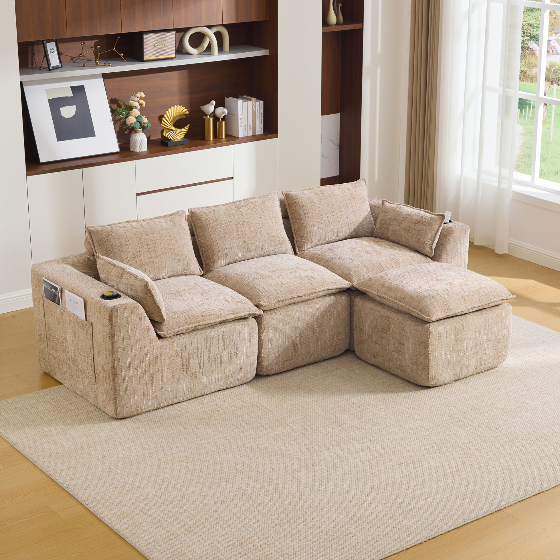 Redom - Canapé Modulaire 256x161x75 Cm, Avec Coussins Et Poches Latérales, Mousse À Ressorts, Chenille Kaki