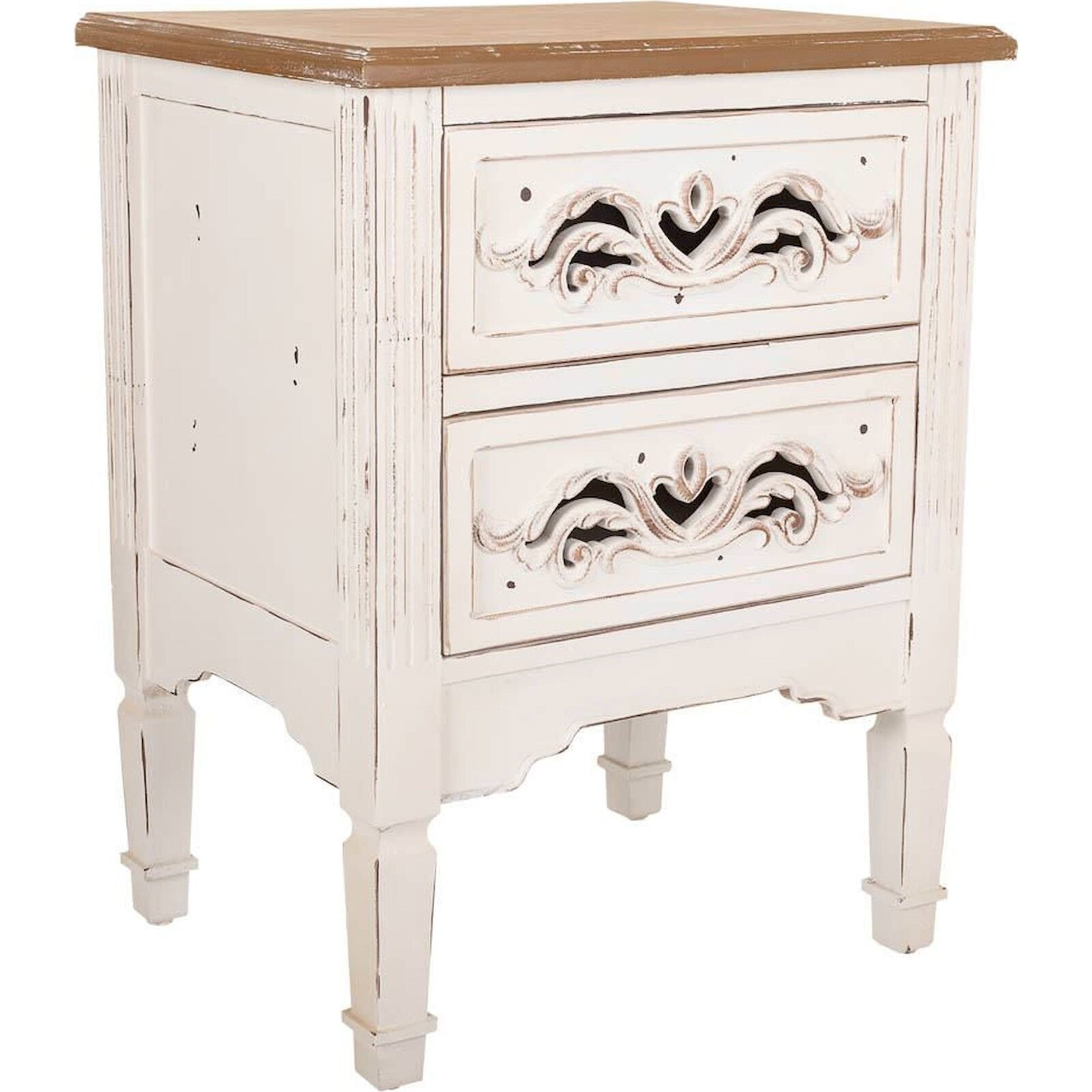 Table De Chevet Blanche Esprit Vintage Avec Deux Tiroirs Sculptés - Blanc Antique Et Bois Naturel