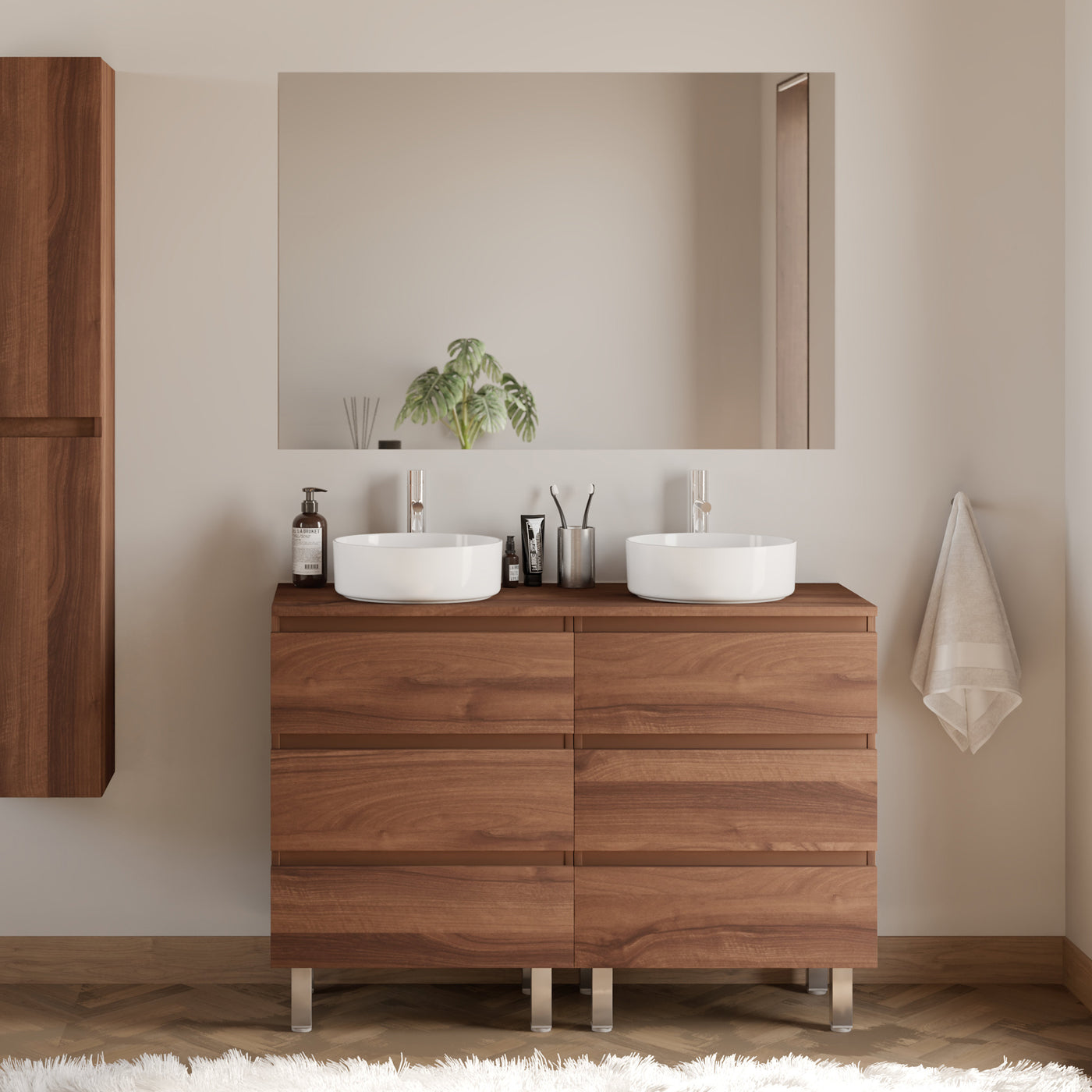 Meuble De Salle De Bain 120cm Avec Plateau Et 2 Vasques À Poser Rondes - 6 Tiroirs - Noyer (bois Foncé) - Mayor