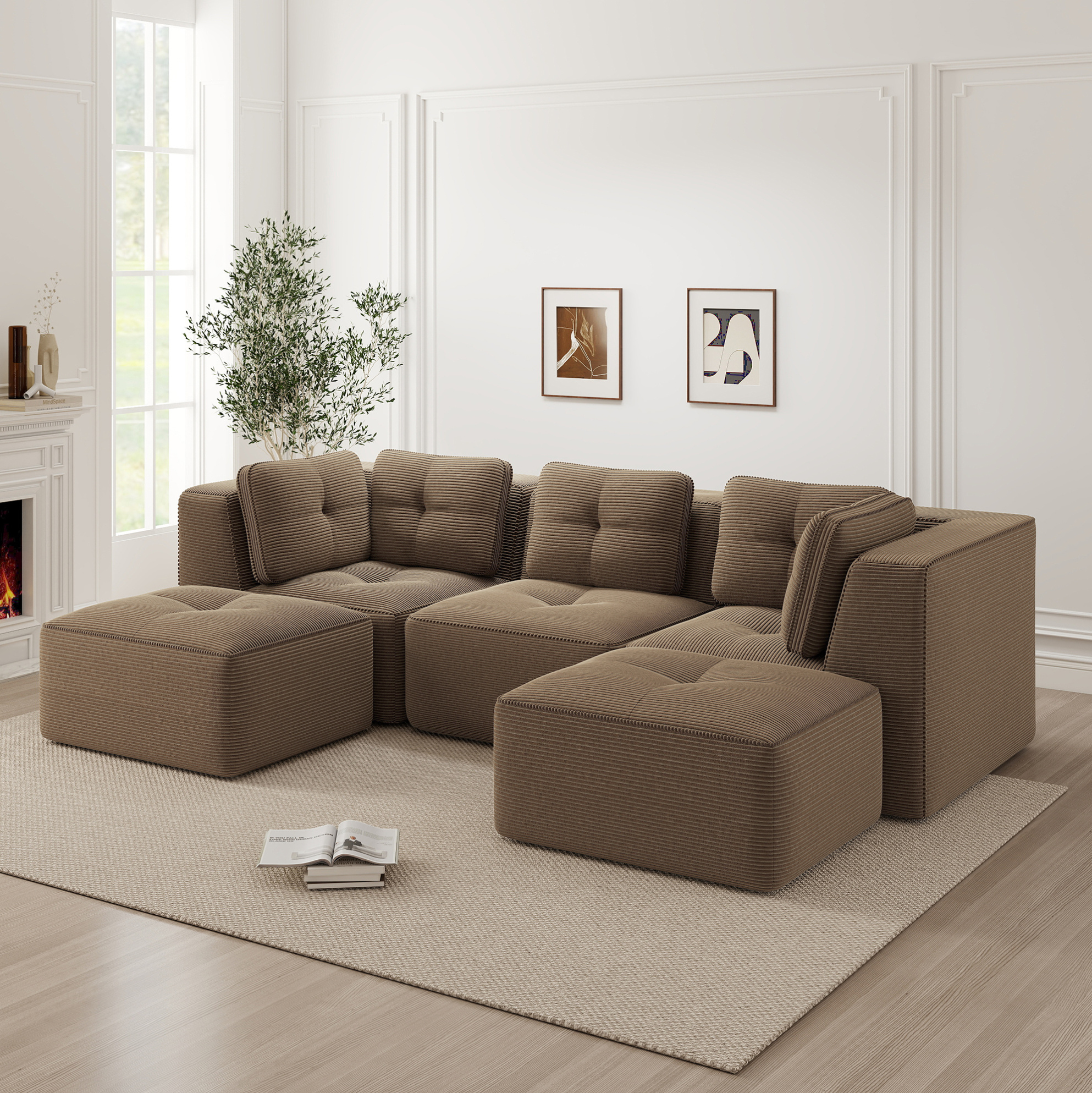 Redom - Canapé D'Angle Modulaire, Assise Profonde, Sans Montage, Tissu Côtelé Marron
