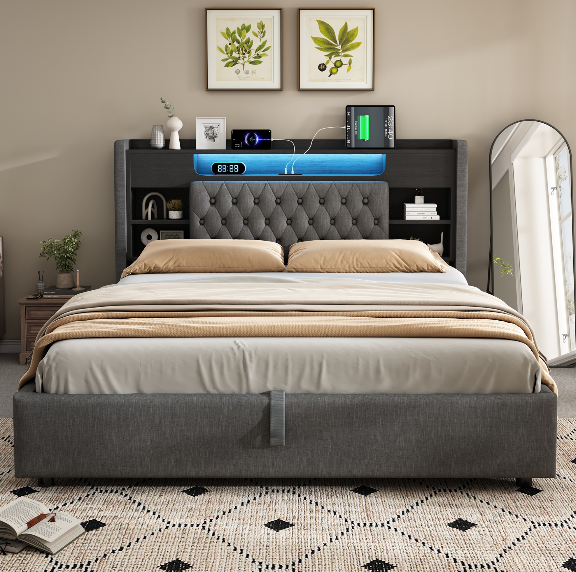 Lit Coffre 140x200 Cm Avec Led, Charge Usb/type-c, Tête De Lit Étagère, Gris