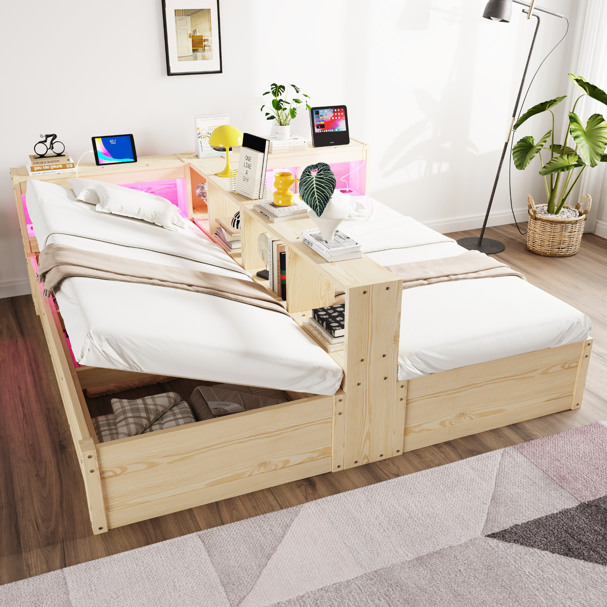 Lit Multifonction 220 X 205 X 70 Cm Avec Led, Prise Et Rangements, Bois Naturel, Redom