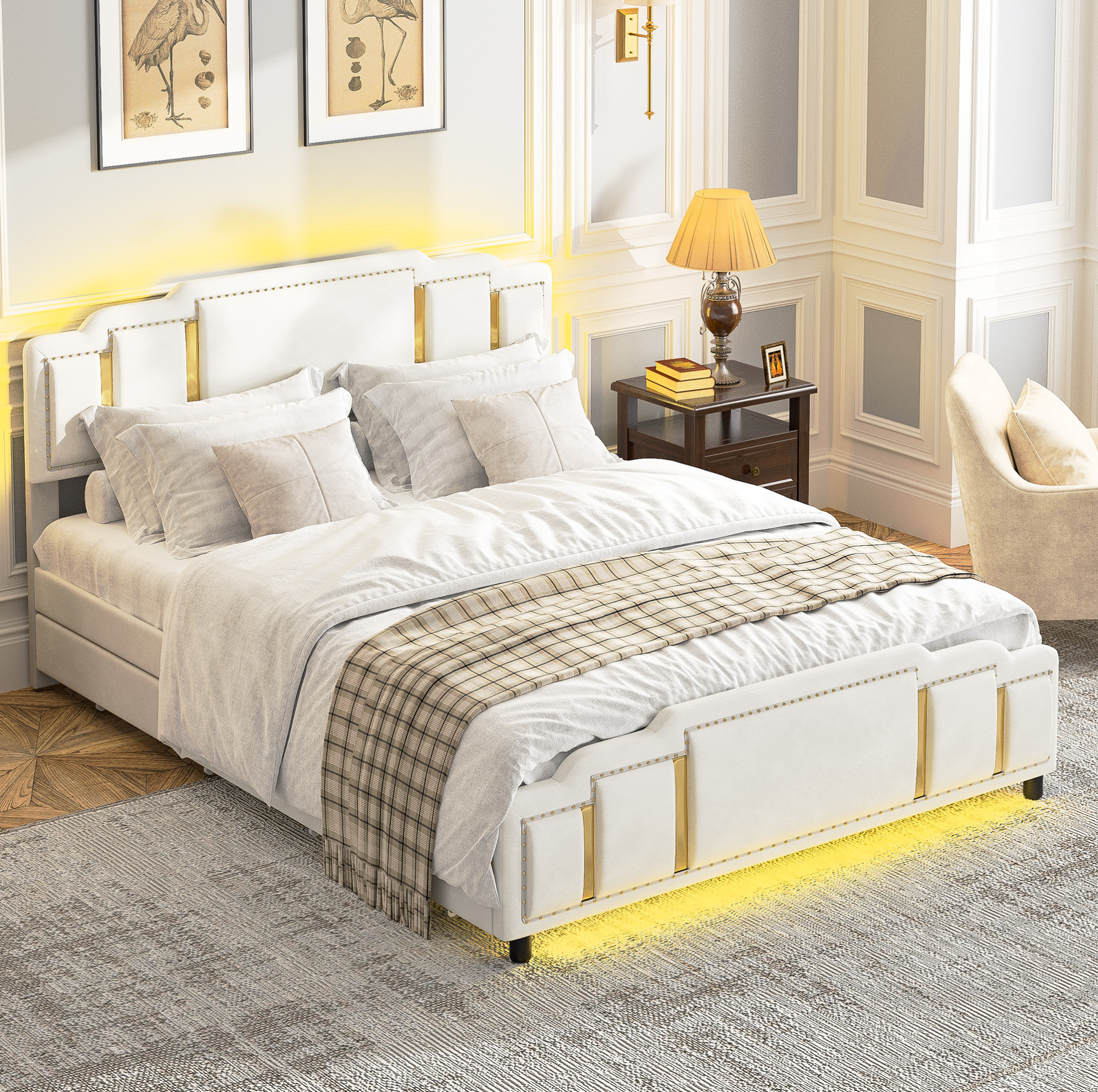 Cama Tapizada Doble 211.5x144.5x106.5 Cm, Con Cajones, Luces Led, Terciopelo Beige
