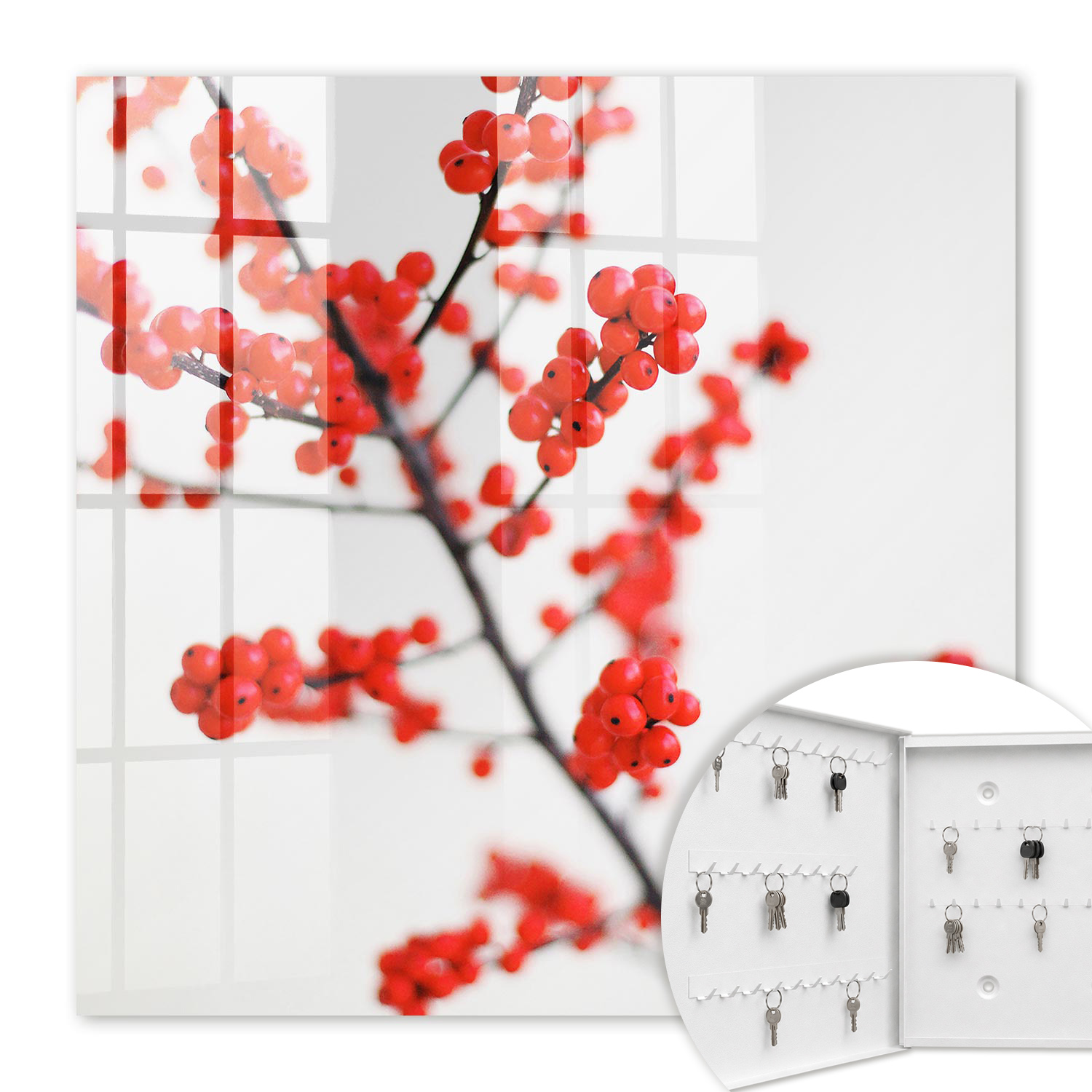 Armoire À Clés - (30 Cm X 30 Cm) - Boîte À Clés Murale - Coffret De Rangement Pour Clés - Couleur Blanche - Ouverture Vers La Gauche - Pour Maison Et Bureau - Baies Rouges