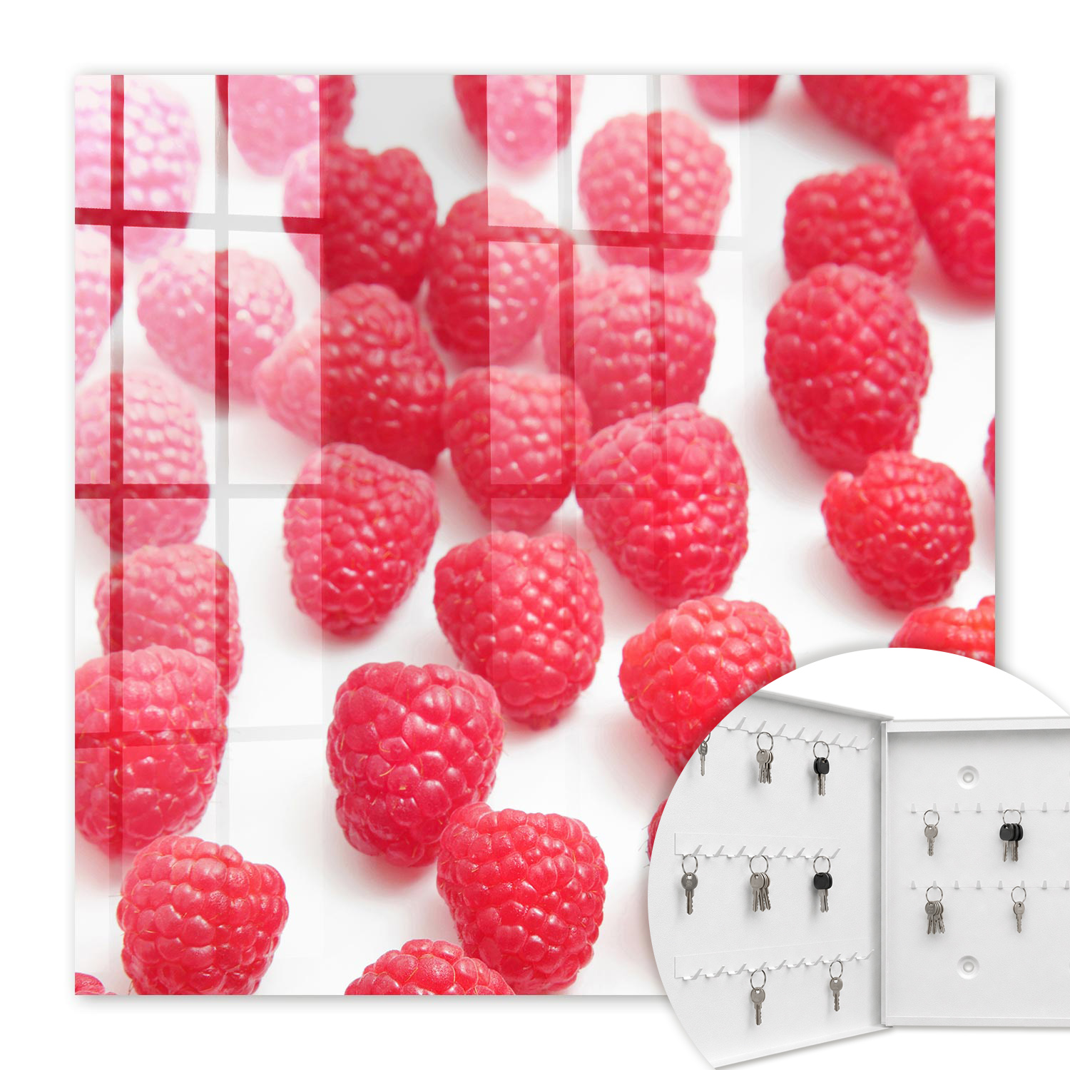 Armoire À Clés - (30 Cm X 30 Cm) - Boîte À Clés Murale - Coffret De Rangement Pour Clés - Couleur Blanche - Ouverture Vers La Gauche - Pour Maison Et Bureau - Framboises Roses