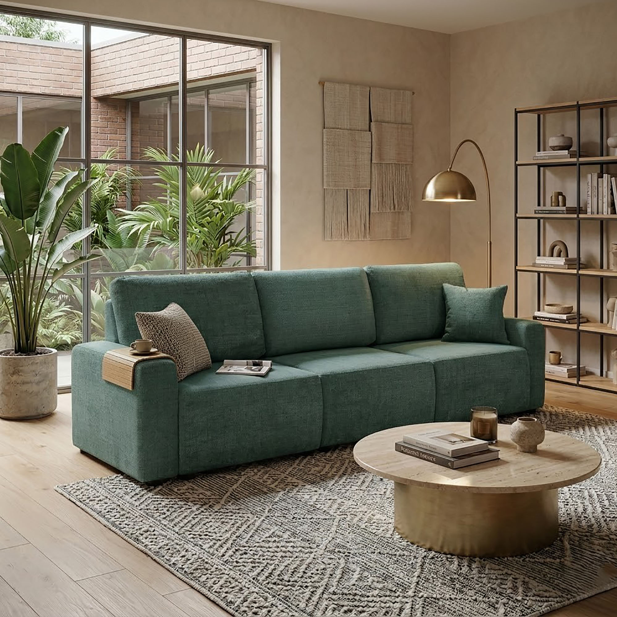 Canapé Convertible 4 Places 278x87x89cm En Tissu Texturé Vert -modulys