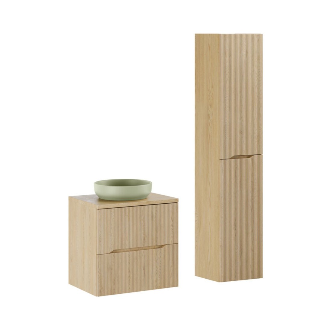 Ensemble Natura 95cm: Meuble Sous Vasque 60cm + Plan Pour Vasque + Vasque À Poser Ronde Verte + Colonne