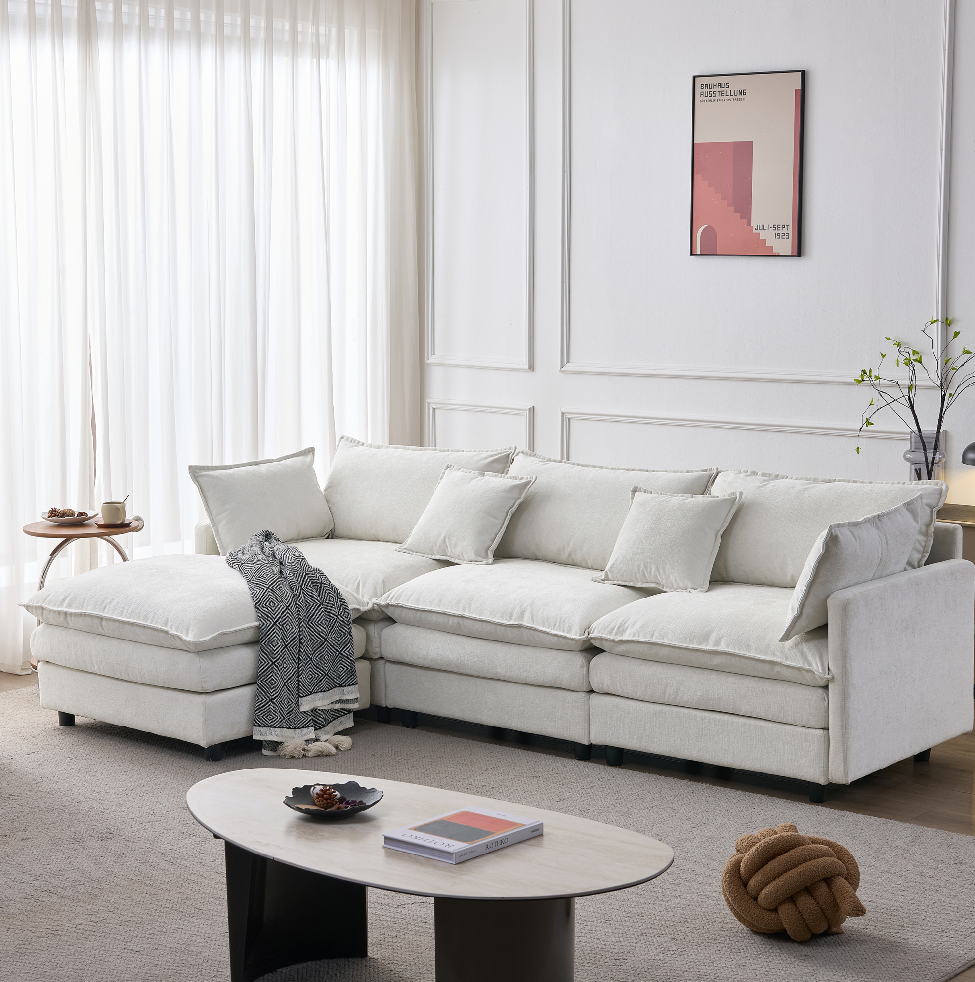 Sofá Esquinero Modular De 3 Plazas, Con Reposapiés Móvil, Montaje Sin Herramientas, Chenilla Beige