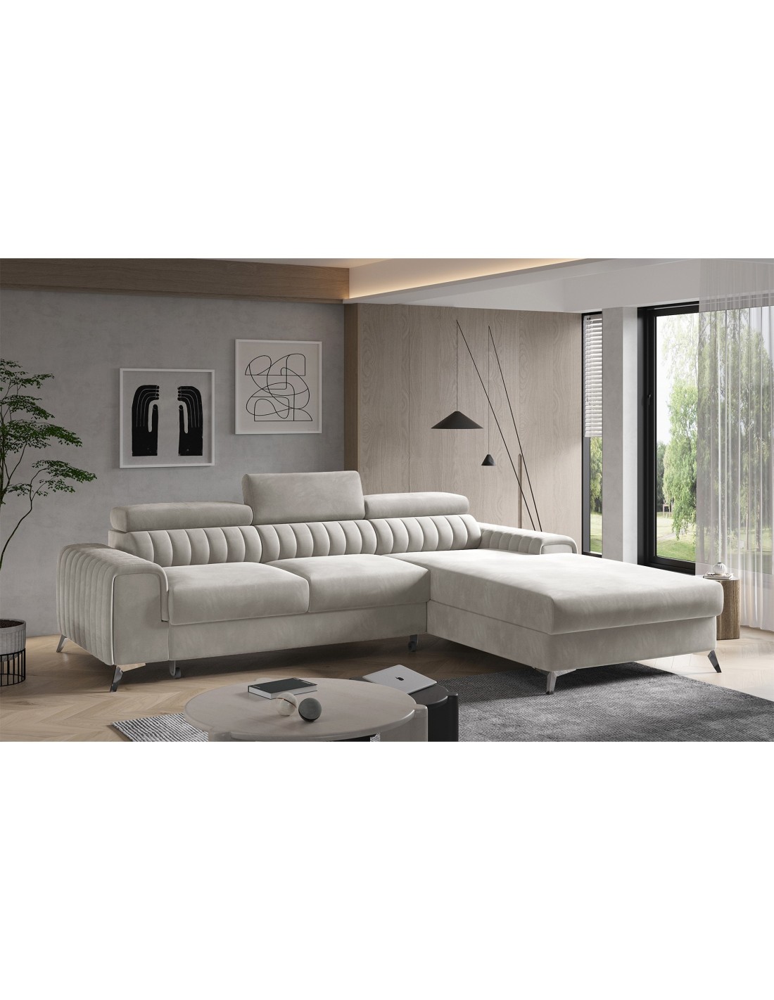 Canapé D'Angle Droit Beige Convertible 3 Places Jayson Avec Appuie-têtes