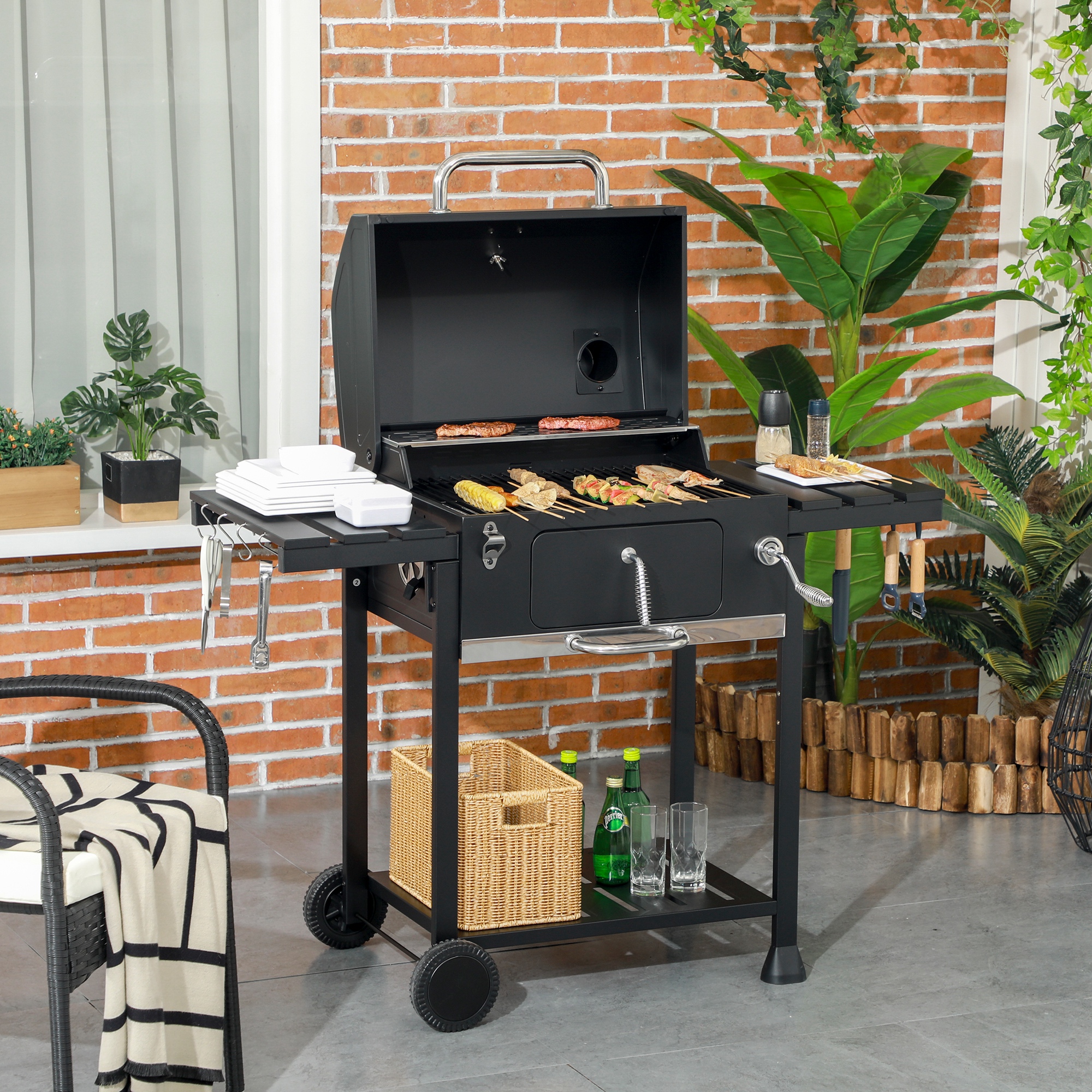 Barbecue Au Charbon Avec 2 Grilles, Tablettes Pliantes, Chariot Et Couvercle, Acier Inox Noir