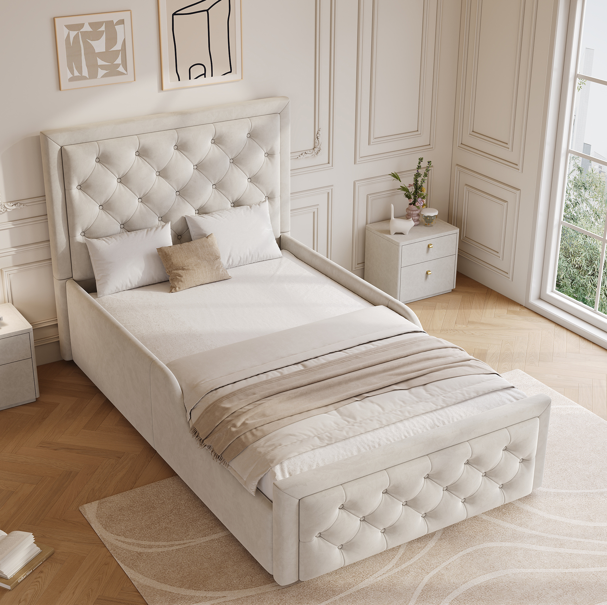 Lit Enfant 90 X 200 Cm Avec Coffre De Rangement Hydraulique, Sommier, Tête De Lit, Velours Beige