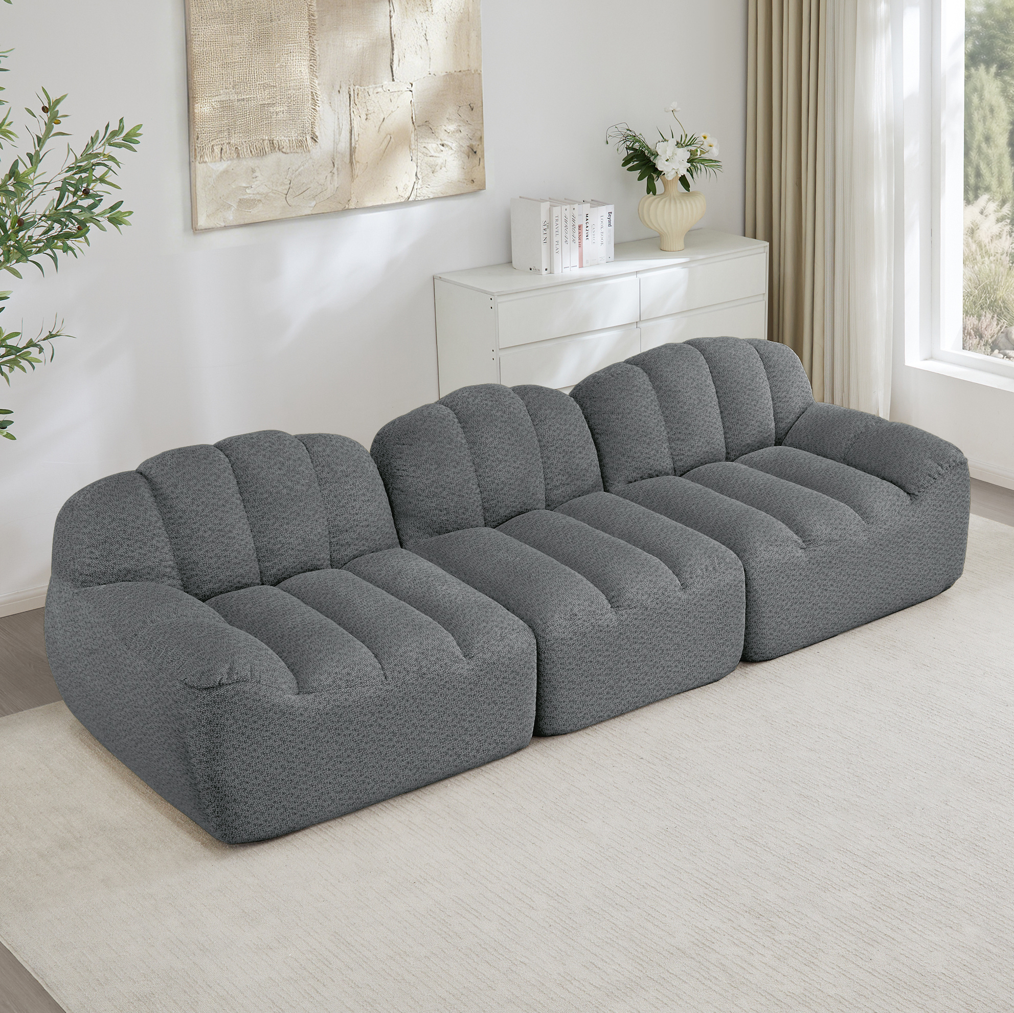 Canapé Modulaire 3 Places Sans Armature, Mousse Haute Densité 32d, Tissu Gris, Redom