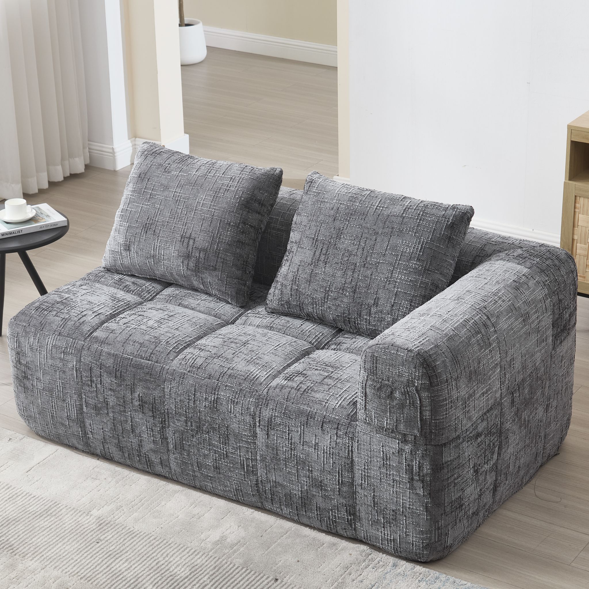 Canapé Chaise Pour 2 Personnes, Aucun Assemblage Requis, Avec Un Oreiller, Poches Latérales Pour Télécommande Et Téléphone Portable, Gris