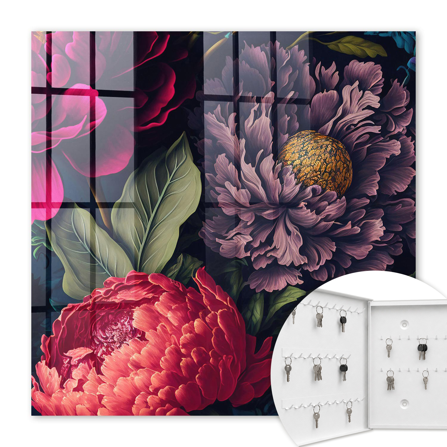 Armoire À Clés - (30 Cm X 30 Cm) - Boîte À Clés Murale - Coffret De Rangement Pour Clés - Couleur Blanche - Ouverture Vers La Gauche - Pour Maison Et Bureau - Fleurs De Luxe