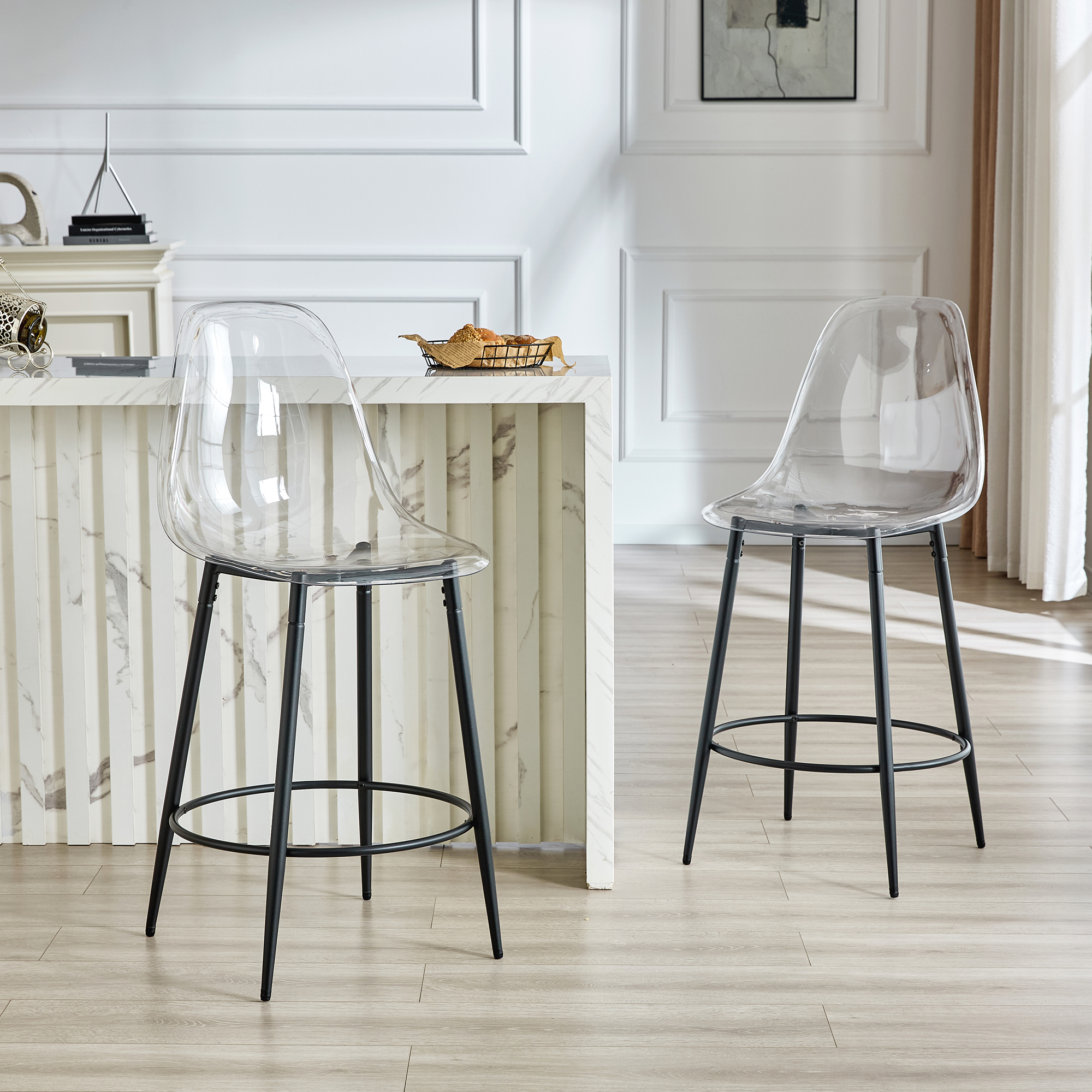 Redom Lot De 2 Tabourets De Bar Transparents, Dossier Ergonomique, Pieds Métalliques Noirs, Plastique Et Métal Noir, Transparent