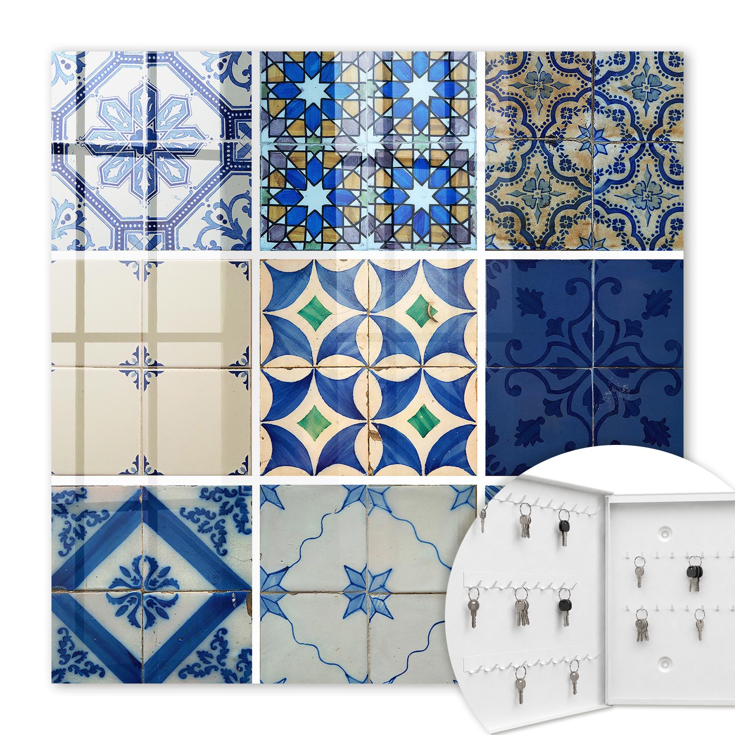 Armoire À Clés - (30 Cm X 30 Cm) - Boîte À Clés Murale - Coffret De Rangement Pour Clés - Couleur Blanche - Ouverture Vers La Gauche - Pour Maison Et Bureau - Carreaux D'Azulejos