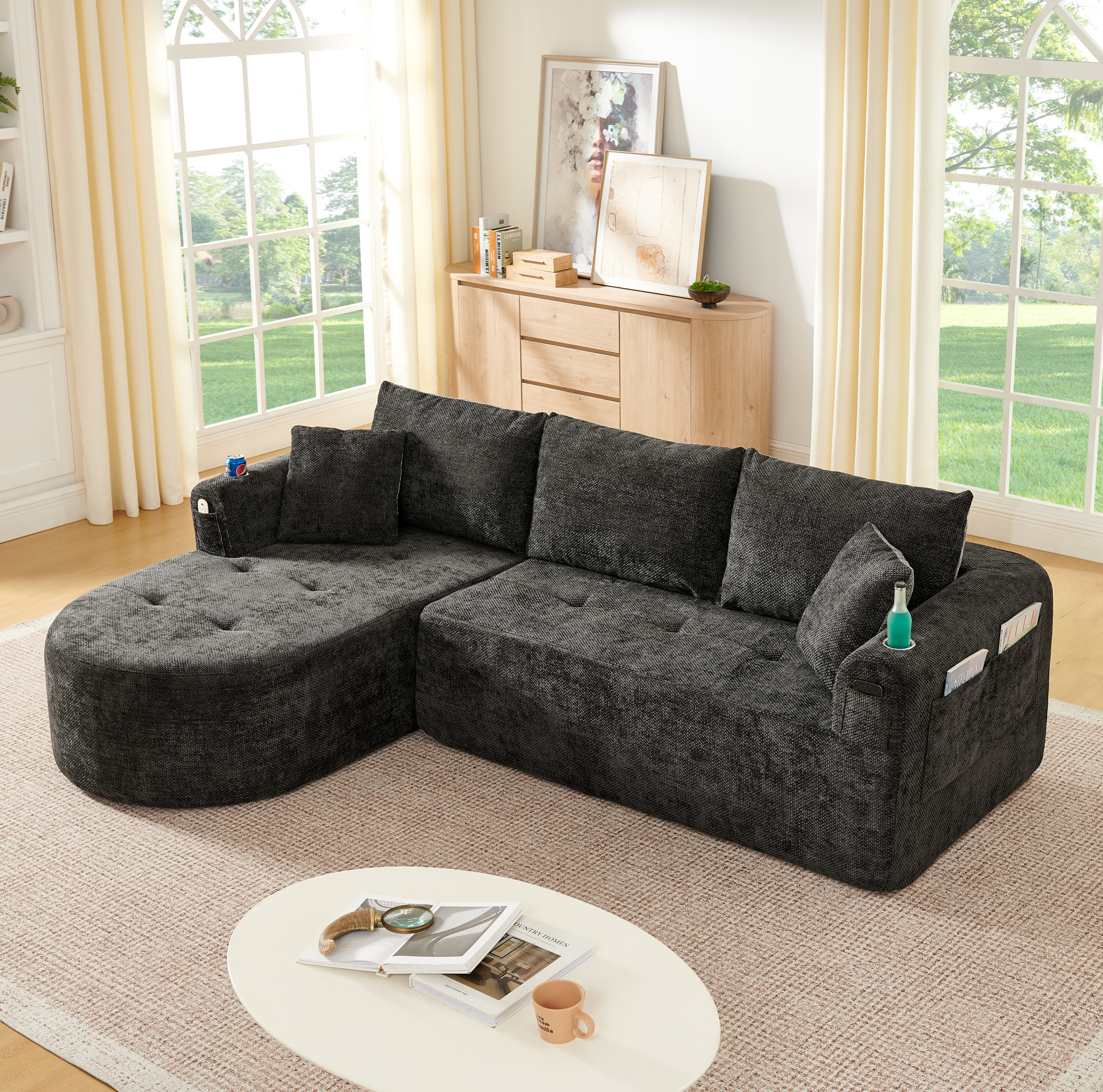 Canapé D'Angle Modulable Avec Porte-gobelet En Acier Inoxydable Et Poches Latérales, En Tissu Noir, 255x170x67 Cm