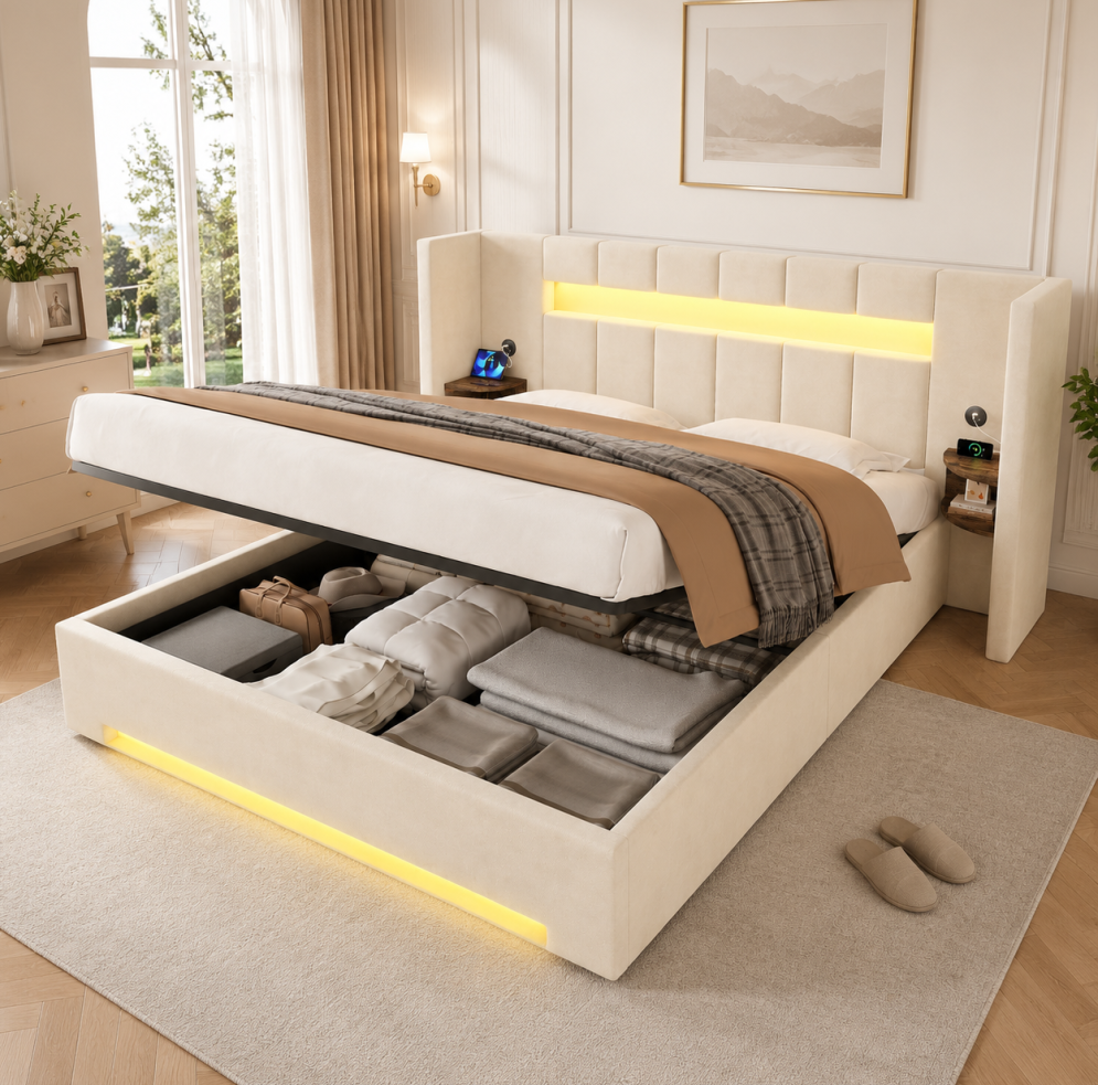 Redom - Lit Coffre 180x200 Cm - Avec Usb - Rangements - Led Et Hydraulique - Velours - Beige (sans Matelas)