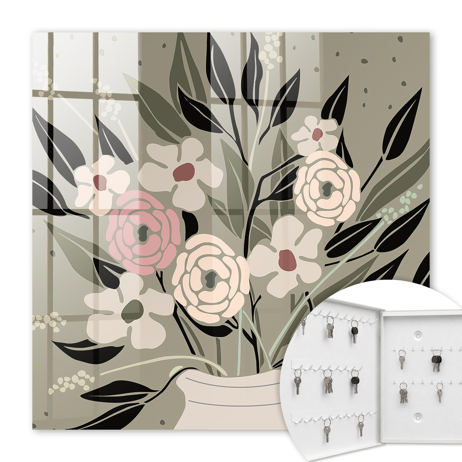 Armoire À Clés - (30 Cm X 30 Cm) - Boîte À Clés Murale - Coffret De Rangement Pour Clés - Couleur Blanche - Ouverture Vers La Gauche - Pour Maison Et Bureau - Composition Florale