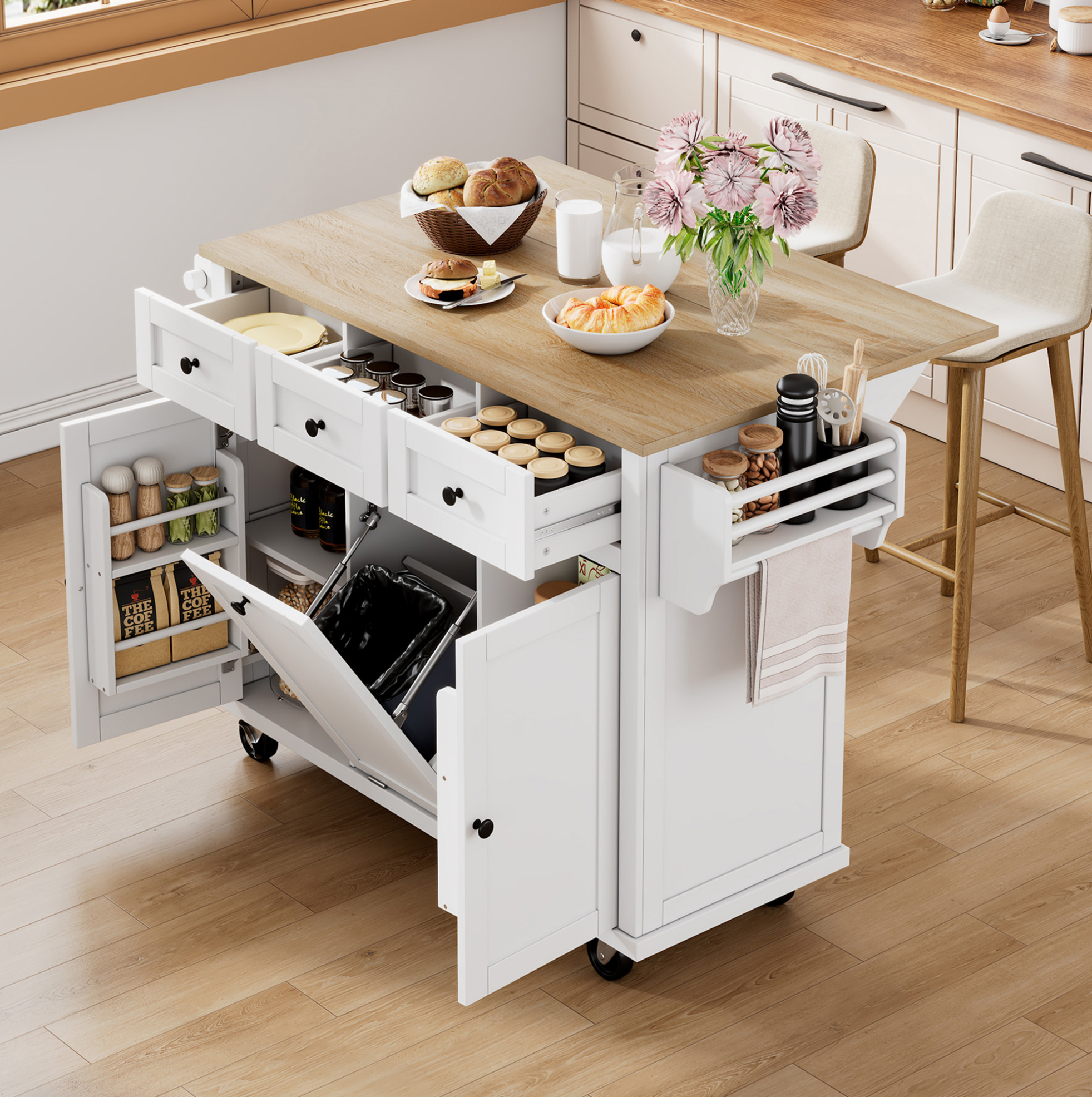 Redom - Ilot De Cuisine Mobile 112x46.2x92.7 Cm, Plan De Travail Extensible, Rangement Multifonction, Mdf Blanc Naturel