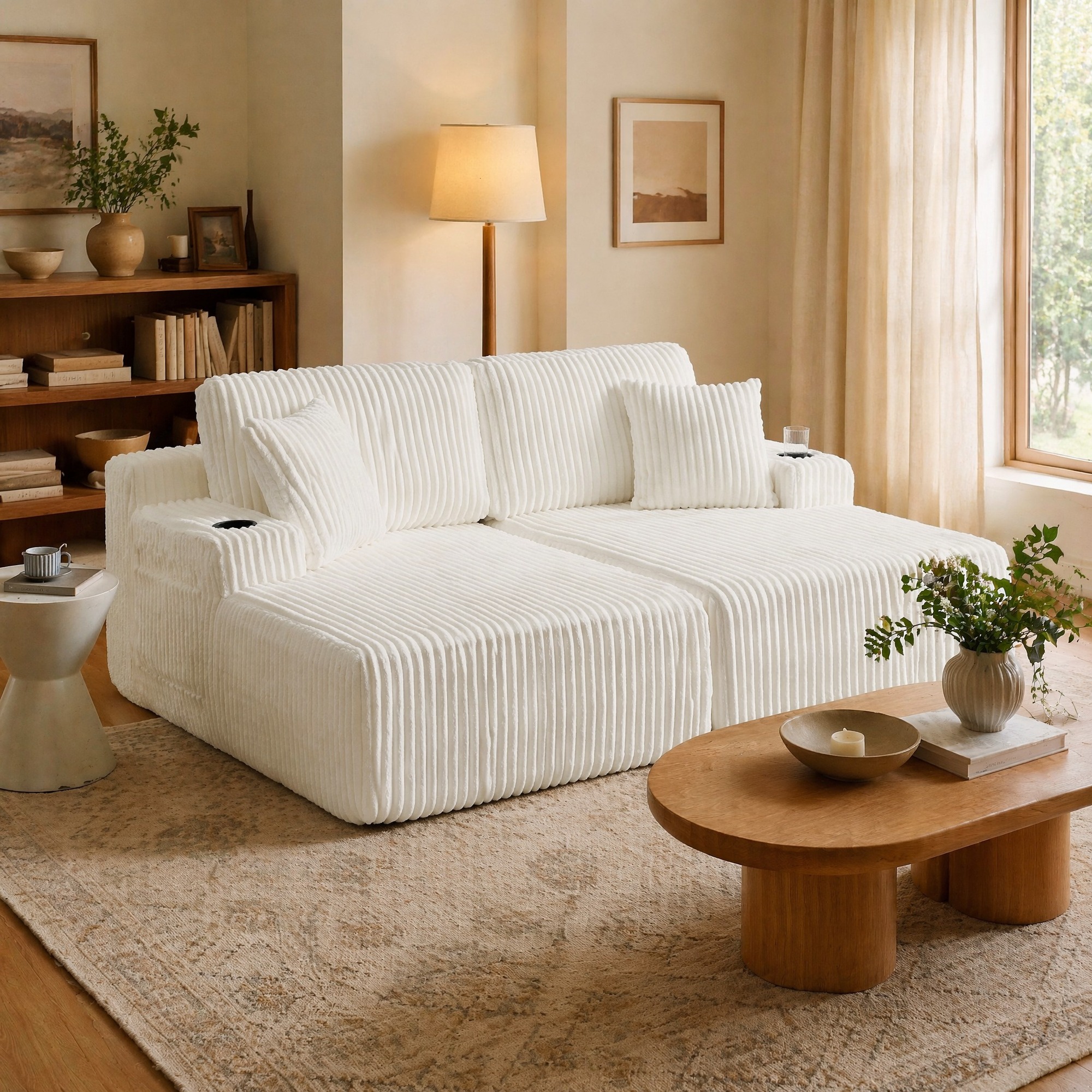 Canapé-lit Relax 2 Places En Tissu Côtelé Beige, 186 X 154 X 78 Cm, Redom