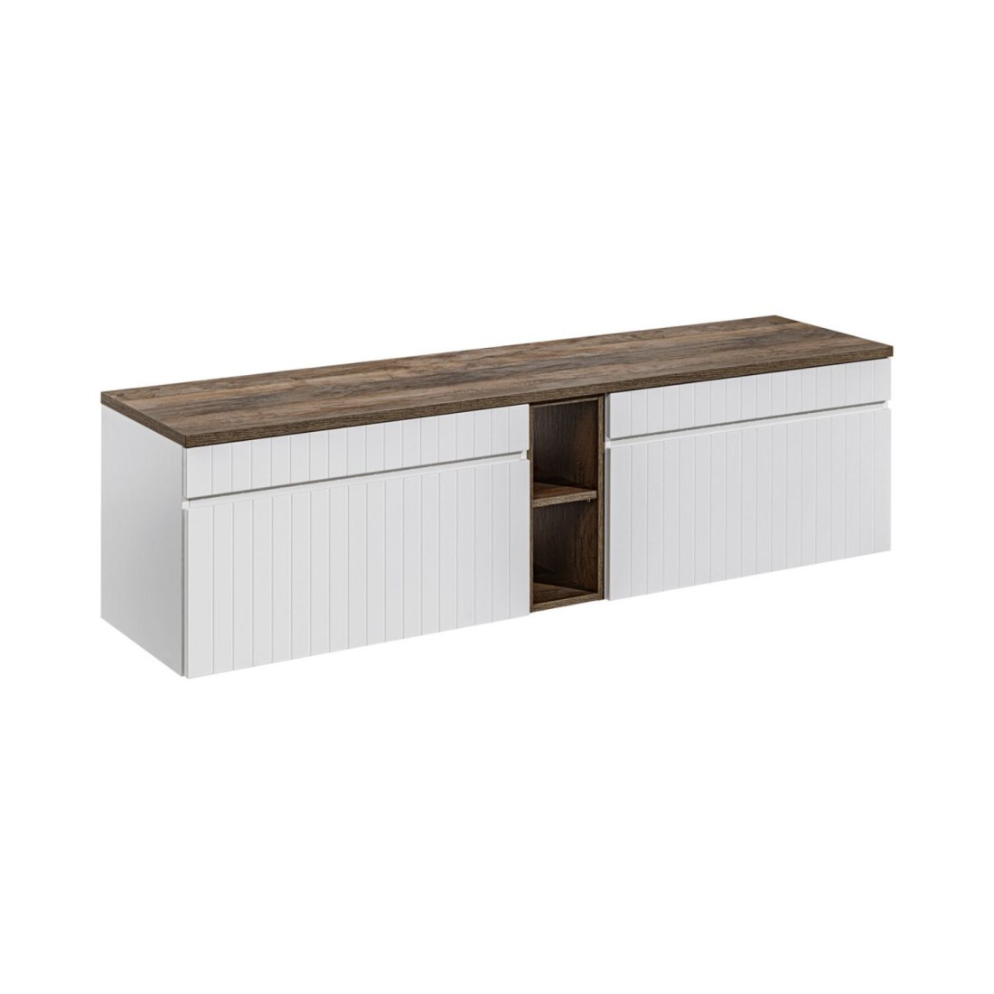Ensemble Icon Blanc: Meubles Sous Vasque 180cm Avec Niches Visibles + Plan Pour Vasque Aspect Bois Foncé