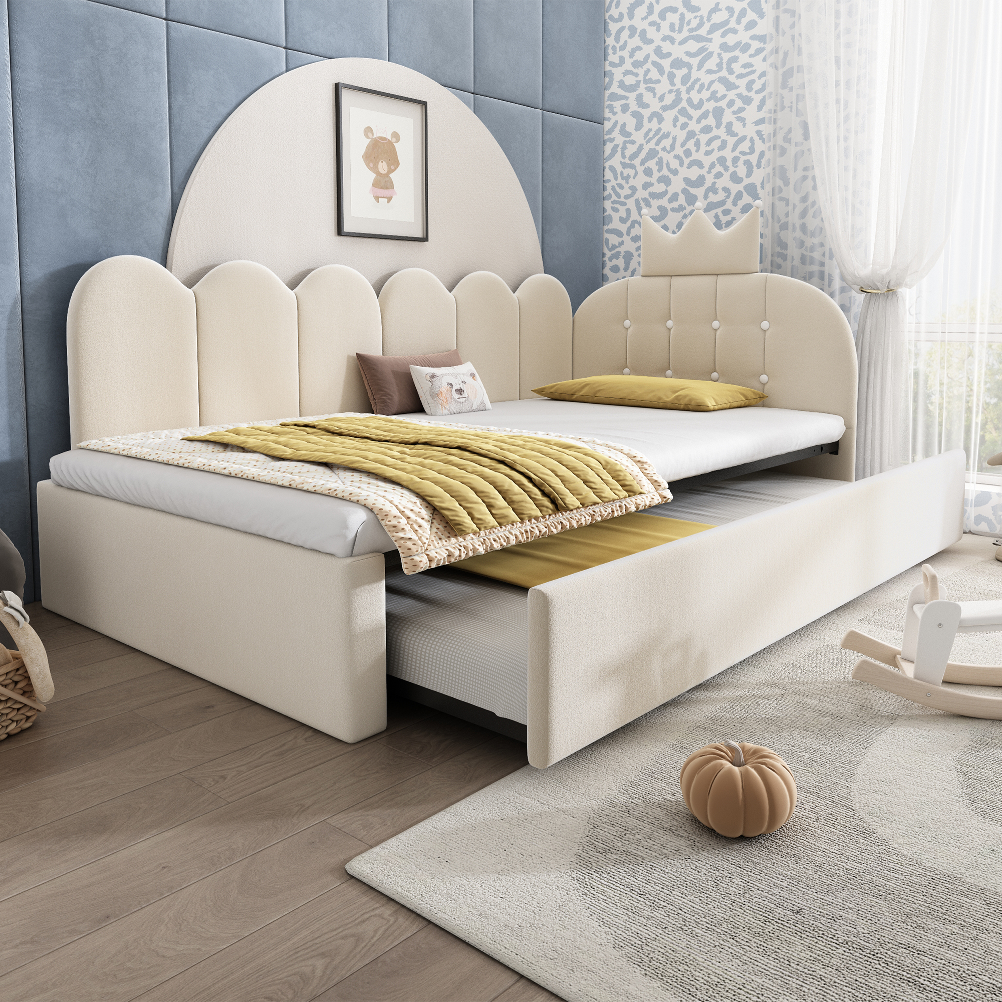 Redom Lit Gigogne 90x190/200 Cm Motif À Carreaux, En Forme De L, Tissu Velours, Beige (sans Matelas)