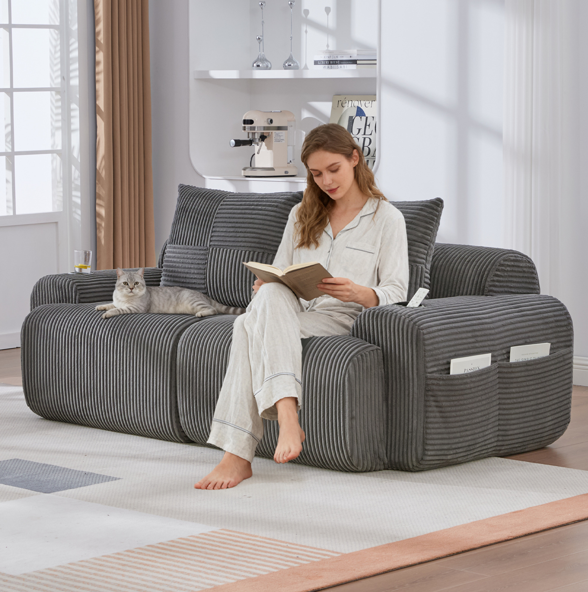 Redom - Canapé Modulaire 2 Places Porte Gobelet, Poche Latérale, Velours Côtelé Gris Foncé