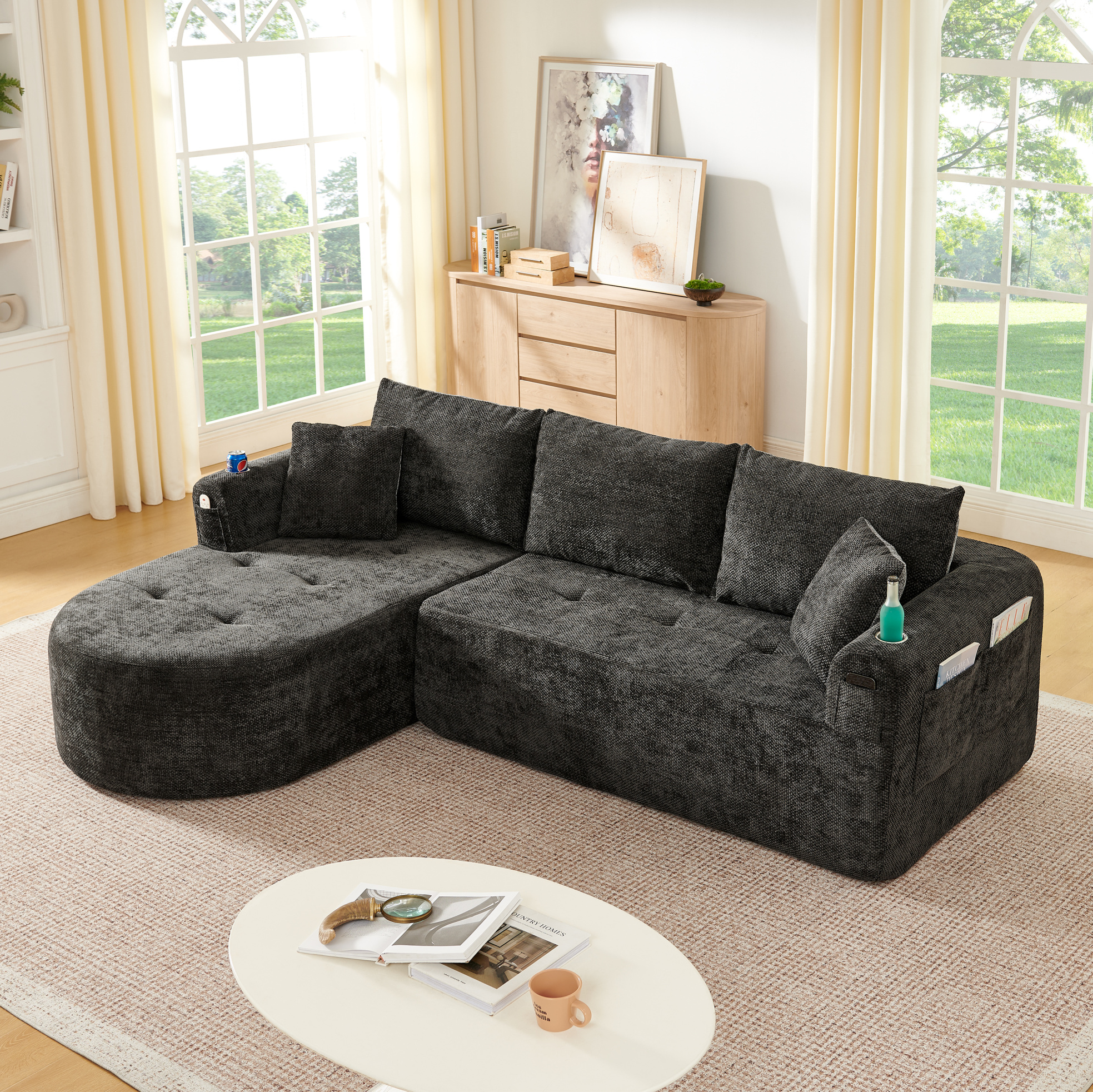 Canapé D'angle L Style Cloud Sans Montage 255 X 170 X 67 Cm En Lin Noir Porte-gobelet