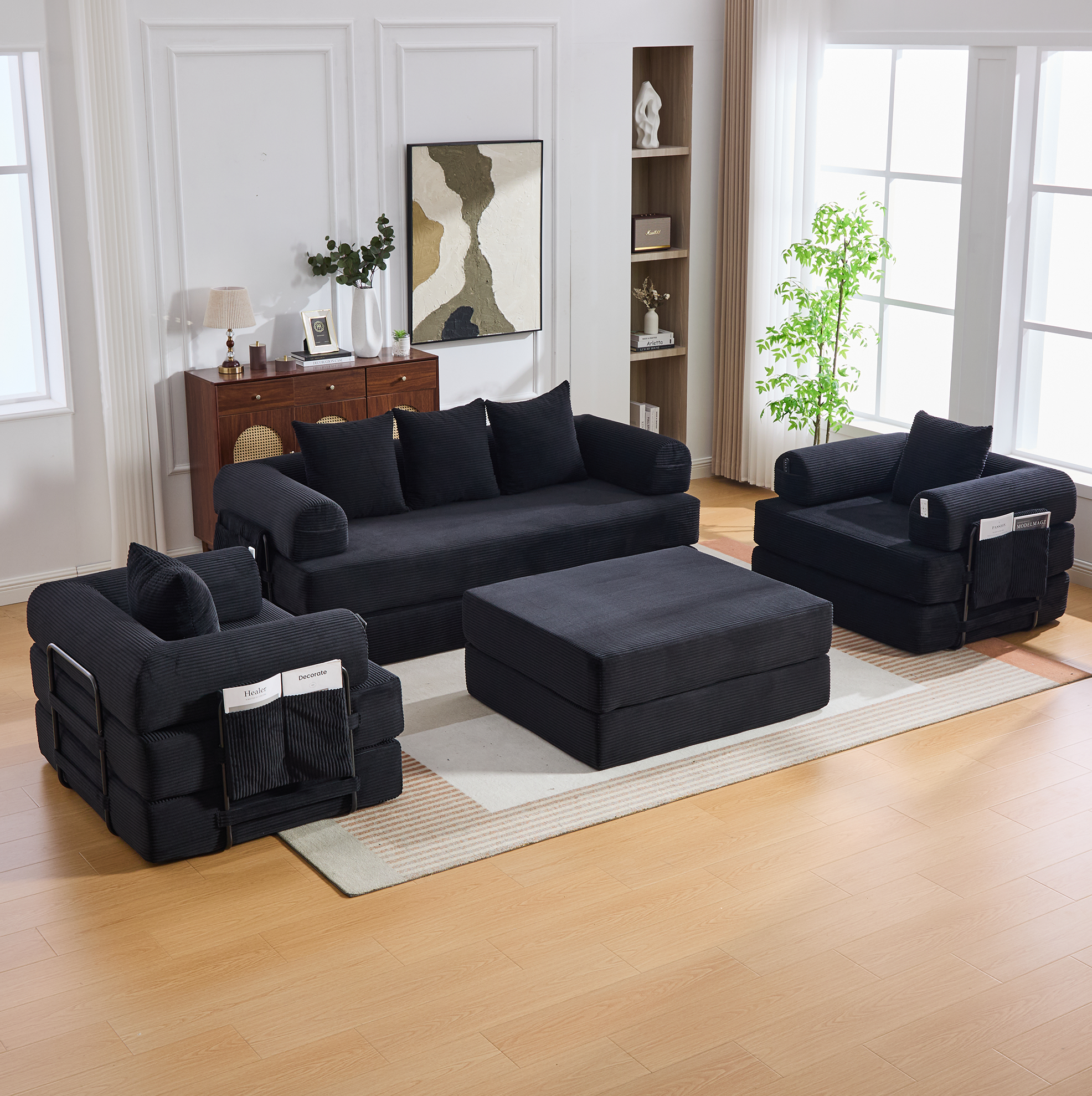 Canapé Modulaire 4 Places En Corduroy Noir Avec Pouf, Cadre Métal, Poche Latérale