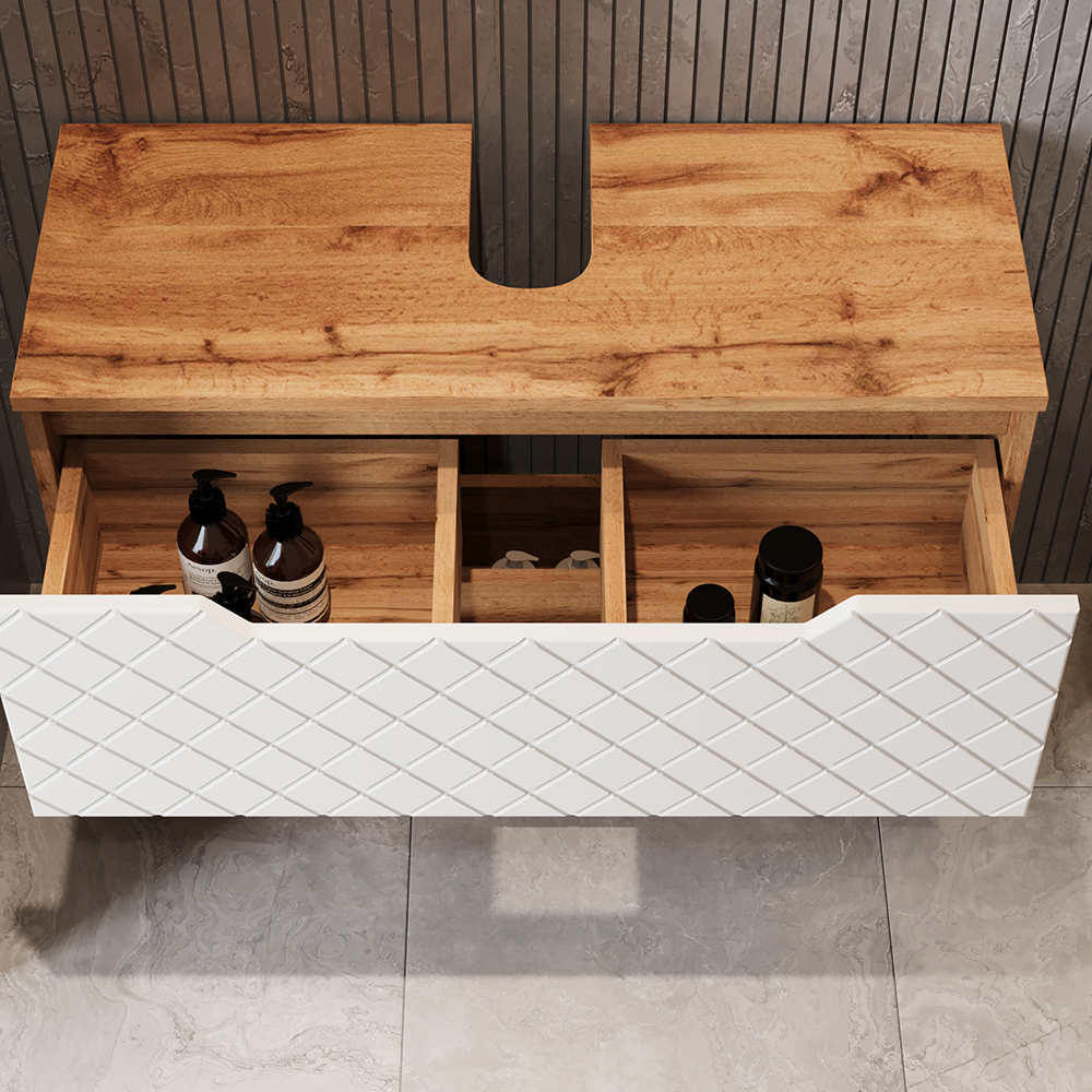 Meuble Sous Vasque Simple Lotta, Chêne/blanc Avec Structure En Carreaux, 79.6x62.5cm Avec 2 Tiroirs, Vicco