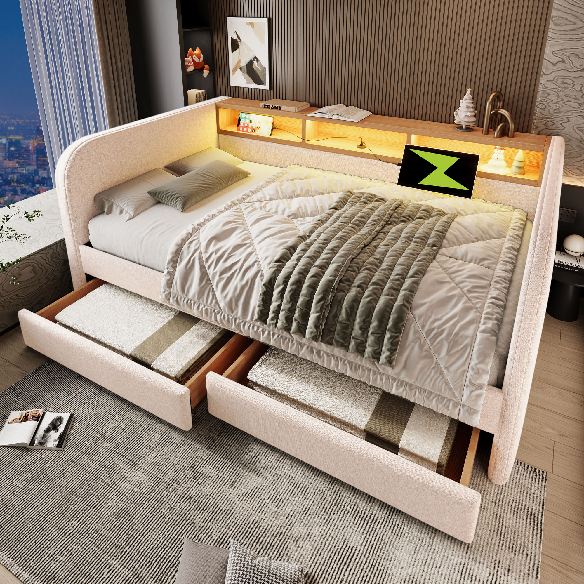 Redom Lit Double 140x190 Cm Avec Led Usb Type C Rangement En Lin Beige (sans Matelas)
