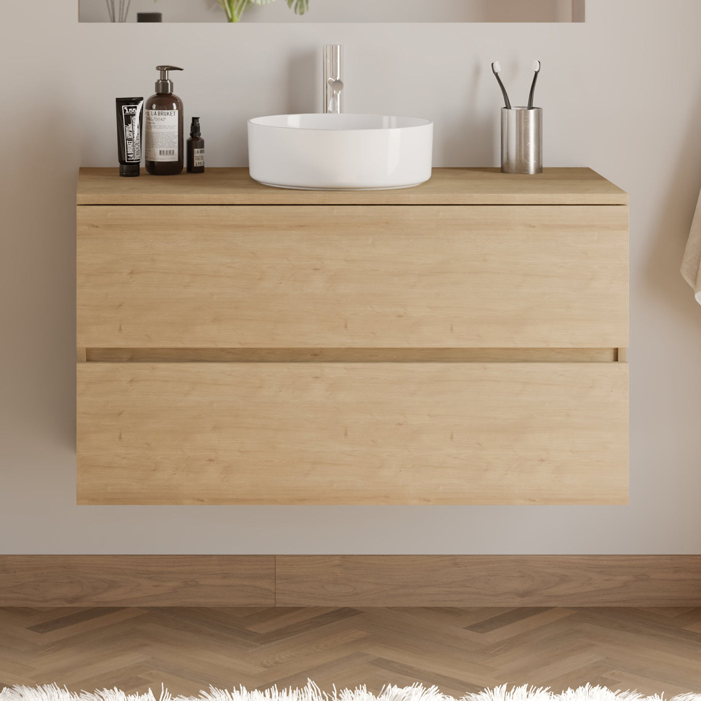 Meuble De Salle De Bain 100cm Avec Plateau Et Vasque À Poser Ronde - 2 Tiroirs - Sans Miroir - Nebraska (chêne Clair) - Ida