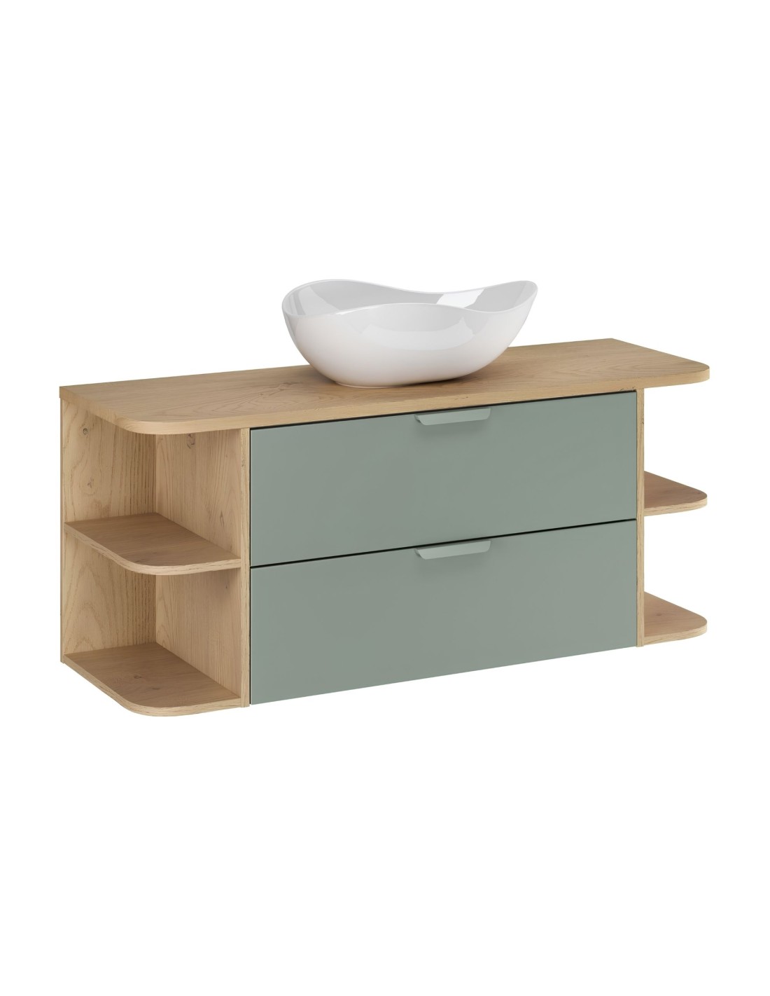 Ensemble Oster 120cm: Meubles Sous Vasque À Tiroirs Vert Sauge Et Niches Visibles + Plan Pour Vasque + Vasque À Poser Blanche