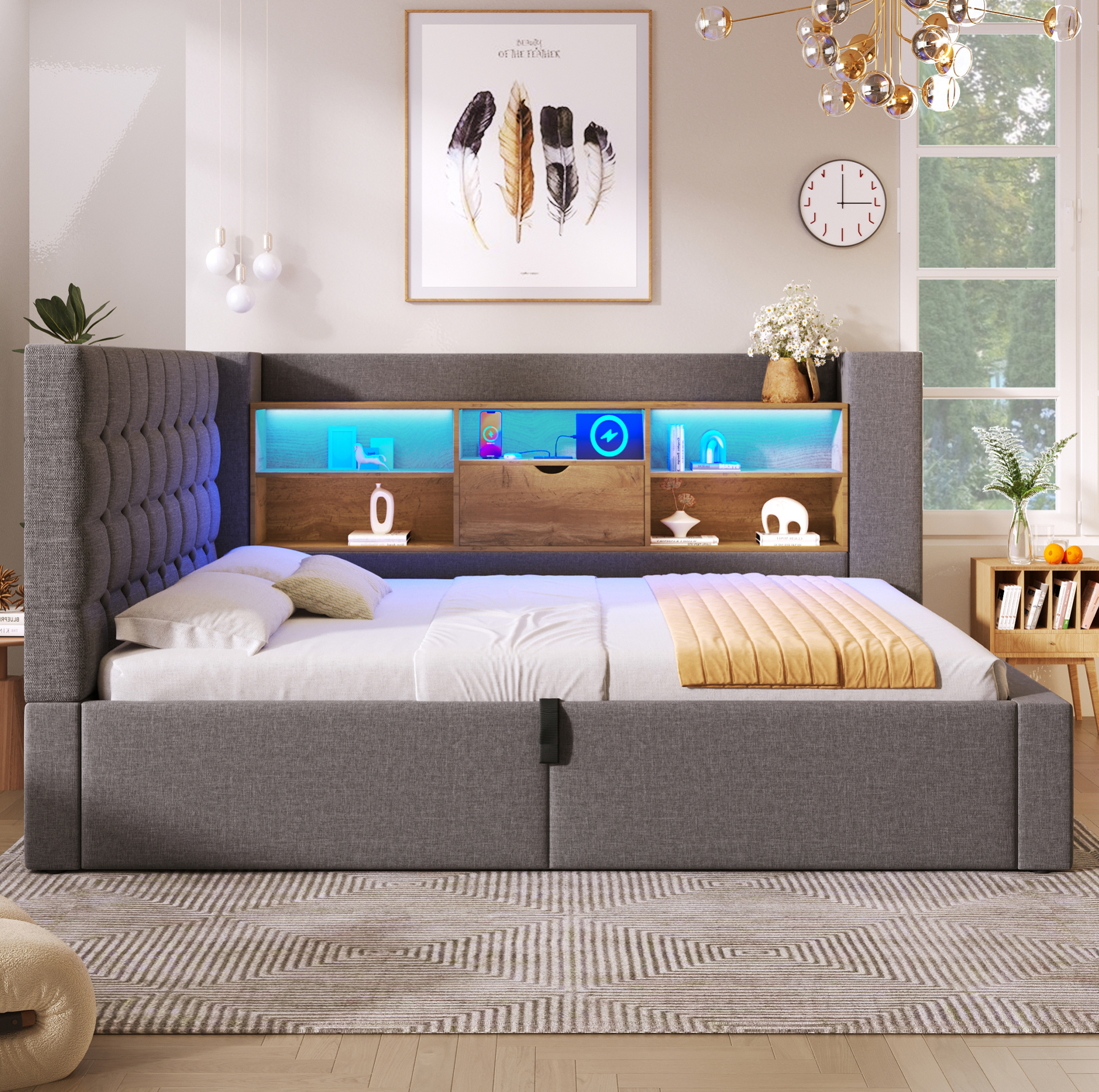 Redom - Lit Simple 90x200 Cm Avec Led, Rangement Hydraulique, Tête De Lit En L Réversible, Lin Gris (sans Matelas)
