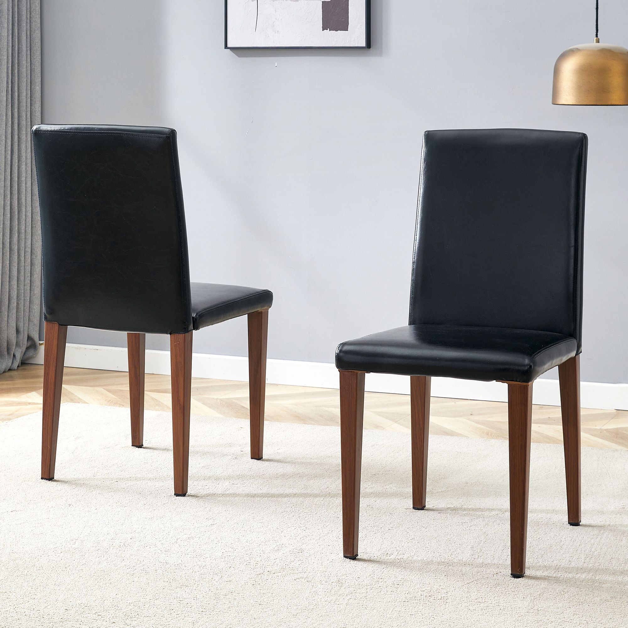 Redom Lot De 2 Chaises De Salle À Manger, Dossier Ergonomique, Assise Rembourrée En Pu Noir, Pieds Métalliques Aspect Noyer