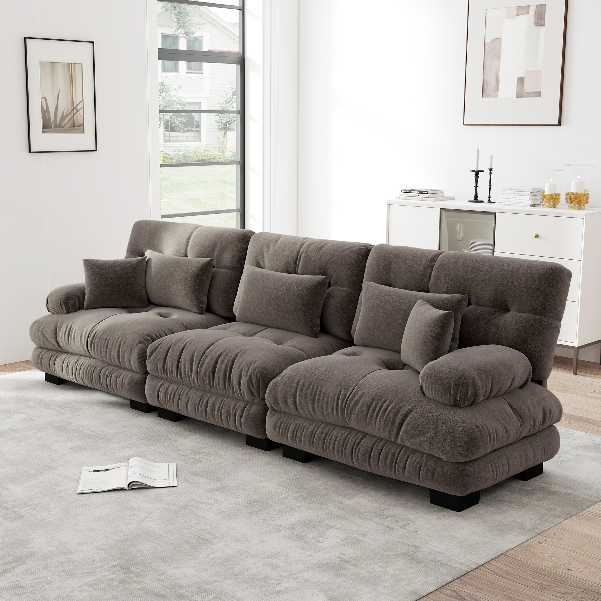 Redom Canapé 3 Places D'Angle Modulaire, Assise Profonde, Coussins Moelleux, Accoudoirs Ronds, Chenille Marron