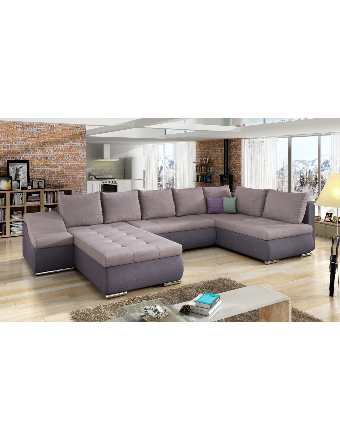 Canapé Panoramique Gyovani Rose Et Violet Angle Gauche Convertible Mousse T30
